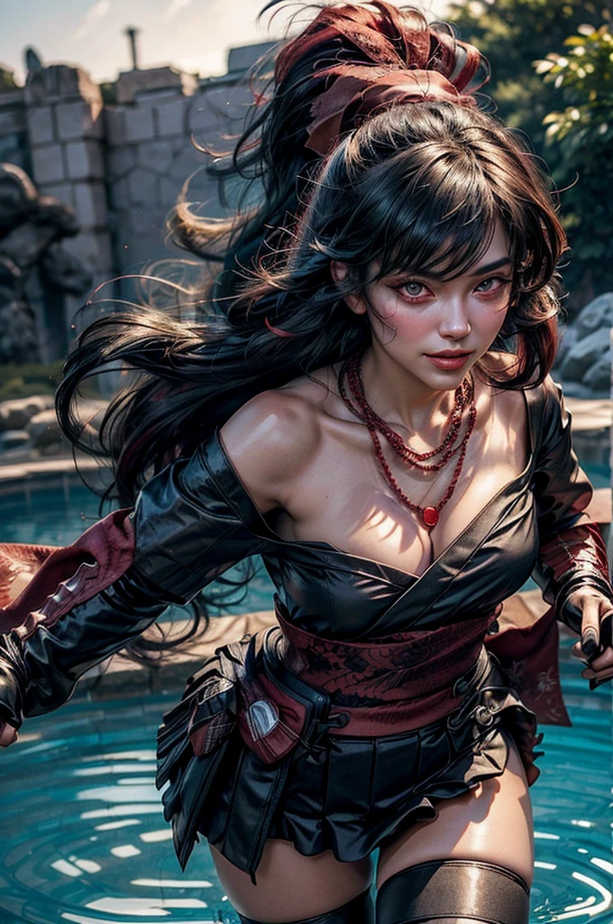 medieval setting, full view of body, 1 skinny female with large breast, beatiful smokey green eyes, black hair pinned up, shoulder free beautiful swing dress, red scarf around her neck, eerie sunset