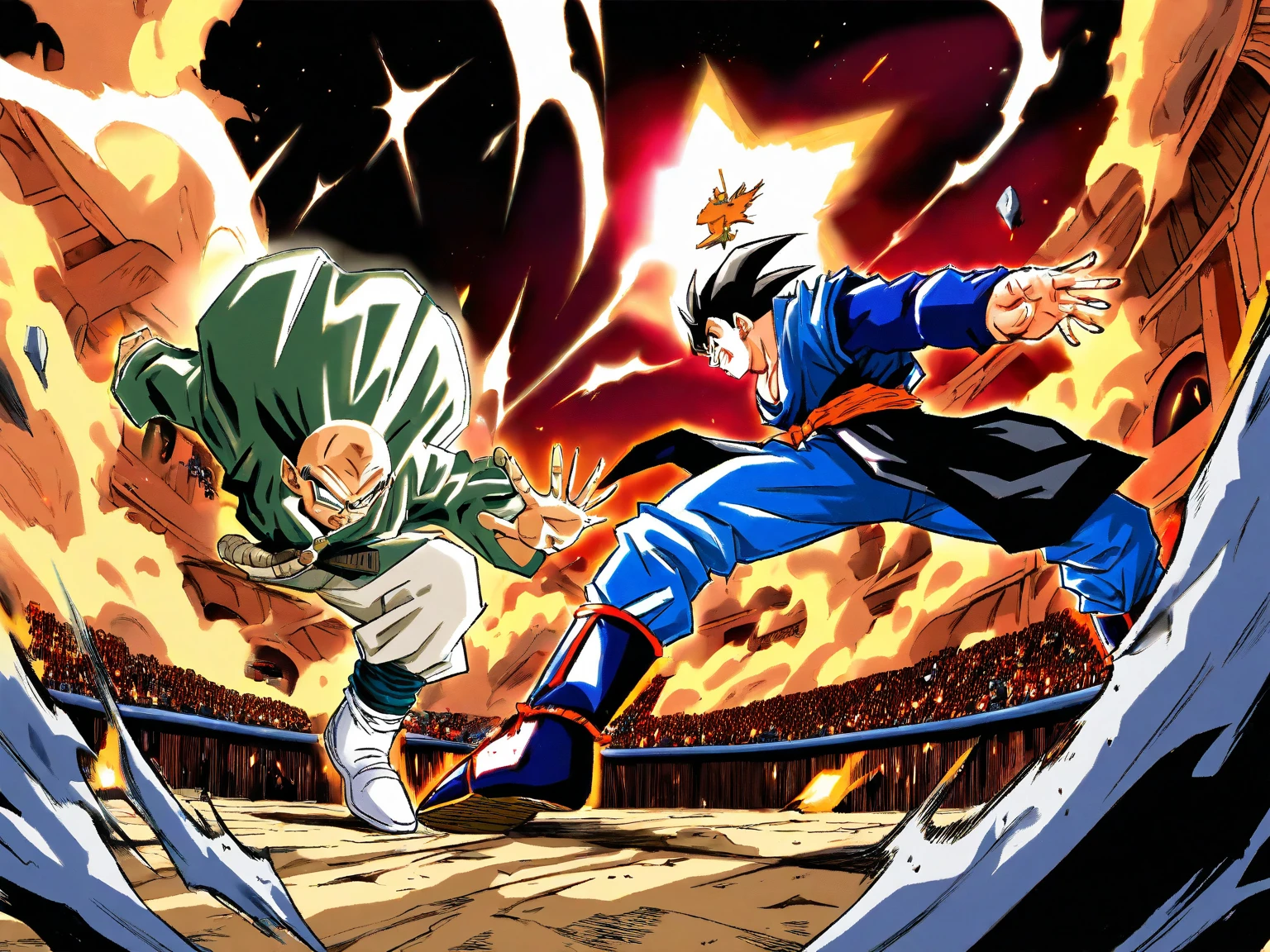 high quality、masterpiece、Akira Toriyama、Deformation、An illustration、Pink Hair、short hair、Blue-green eyes、whole body、battle、One person