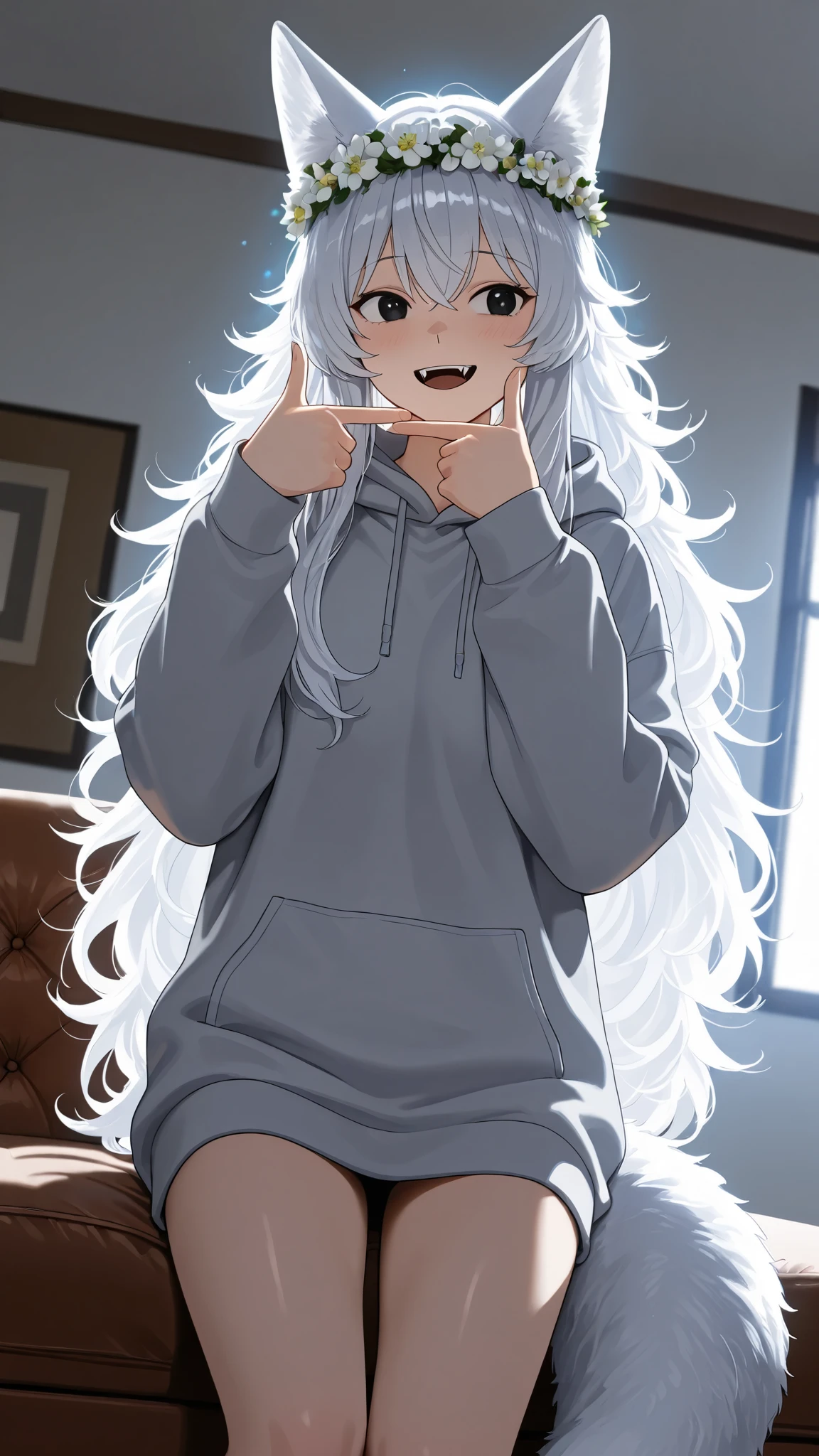 (from the side, from an angle, cowboy shot, solo:1.1), glowing aura, glowing body, photorealistic background and lighting, 4k, ultra detailed, extremely detailed, detailed background, webtoon, cinematic shot, dramatic shot, Anime illustration, detailed anime artstyle, cinematic, volumetric lighting, (dynamic pose, 1girl:1.18), finger frame pose, white hair, gray hair, black eyes, cute expression, giggling, glee, happy, fangs, oversized hoodie, kitsune tail, kitsune ears, very long hair, fluffy hair, young, floral crown, bright living room, sitting on a sofa