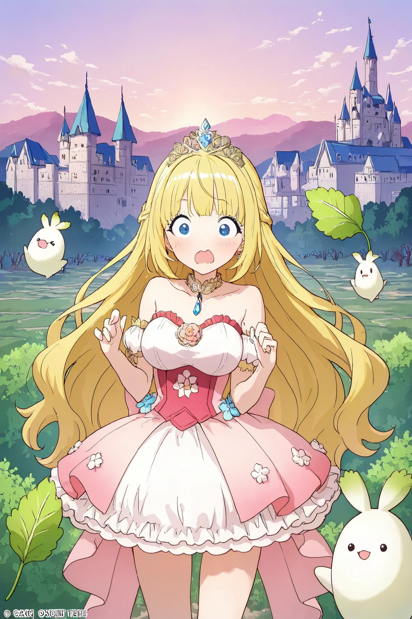 masterpiece、highest quality、I am a Princes daikon\(A very surprised expression,canarian yellow hair、sakura pink dress,tiara with green leaves\),many little daikon\(litle Japanese white radish charactder with green leaves\),focus on the princes daikoncute kawaii village, castle made of Japanese rice,
