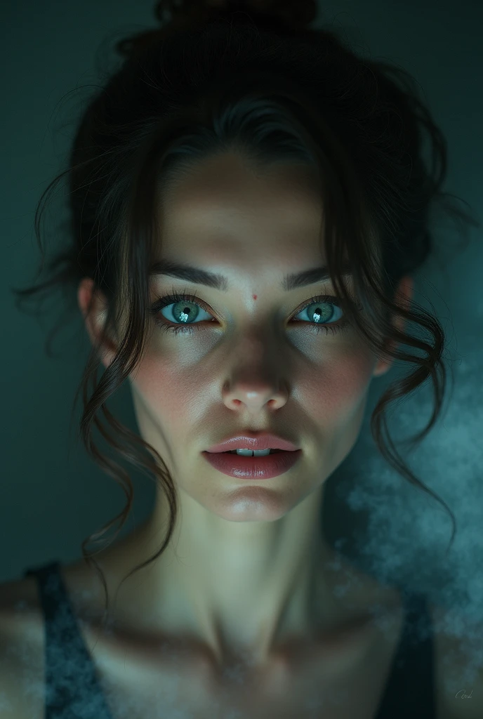 (((ultra realistic))) Photo, masterpiece, top quality, (pale skin), (Ultra detailed face and eyes:1.3), 1 girl, Adult, in a T-shirt, ((Eye makeup, mascara)), (large detailed lips), ((Pink волосы в хвост)), ((Chyolka)) , (Natural breasts), Slim waist. ((Posing)), photoshoot, studio (soft lighting), (The play of light and shadows), depth of field, bokeh, (special attention to skin detail: 1.2), Detailed leather texture, skin pores. (Warm atmosphere of the frame. Color range - purple, Pink, blue tones), UDR, ((Film grain)), ((rays)), (Glare), ((Photo to the waist, view from above)) , ultra detialed,