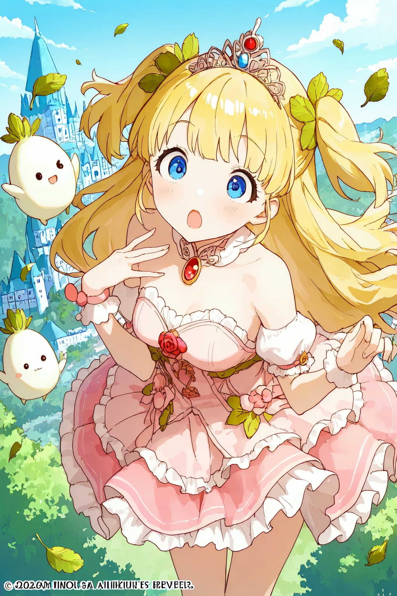 masterpiece、highest quality、I am a Princes daikon\(A very surprised expression,canarian yellow hair、sakura pink dress,tiara with green leaves\),many little daikon\(litle Japanese white radish charactder with green leaves\),focus on the princes daikoncute kawaii village, castle made of Japanese rice,