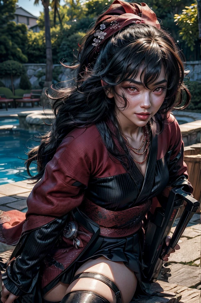 A tall samurai mature woman in realistic portrait of high quality and detail, movie style, Daki (Kimetsu no Yaiba), mature face, 43 years old, Geisha, white makeup, She has Japanese traditional hairstyle, traditional hairstyle-nihongami, black eyes, pale skin, asian girl, She is wearing a traditional Japanese pink armor, blood on her clothes, medium breast, curvy body, milf, mole on her face, dark fantasy, dark atmosphere, dramatic look, glow, eye shadow, 1girl, Depth & Perspective, angry smiling face, fine face, She's standing in the japanese street, outdoors, snow on background, winter, night time, looking at viewer, (ultra-high detail:1.2), Masterpiece, Best Quality, Ultra-detailed, Cinematic lighting, 8K, delicate features, cinematic, 35 mm lens, f/1.9, highlight lighting, global lighting –uplight –v 4, cinematic, Cinematic lighting, 8K, high quality, Highest Quality, (Solo Focus), (extremly intricate:1.3), (Realistic), masterful, Analog style, (Film grain:1.5), (cold tone),