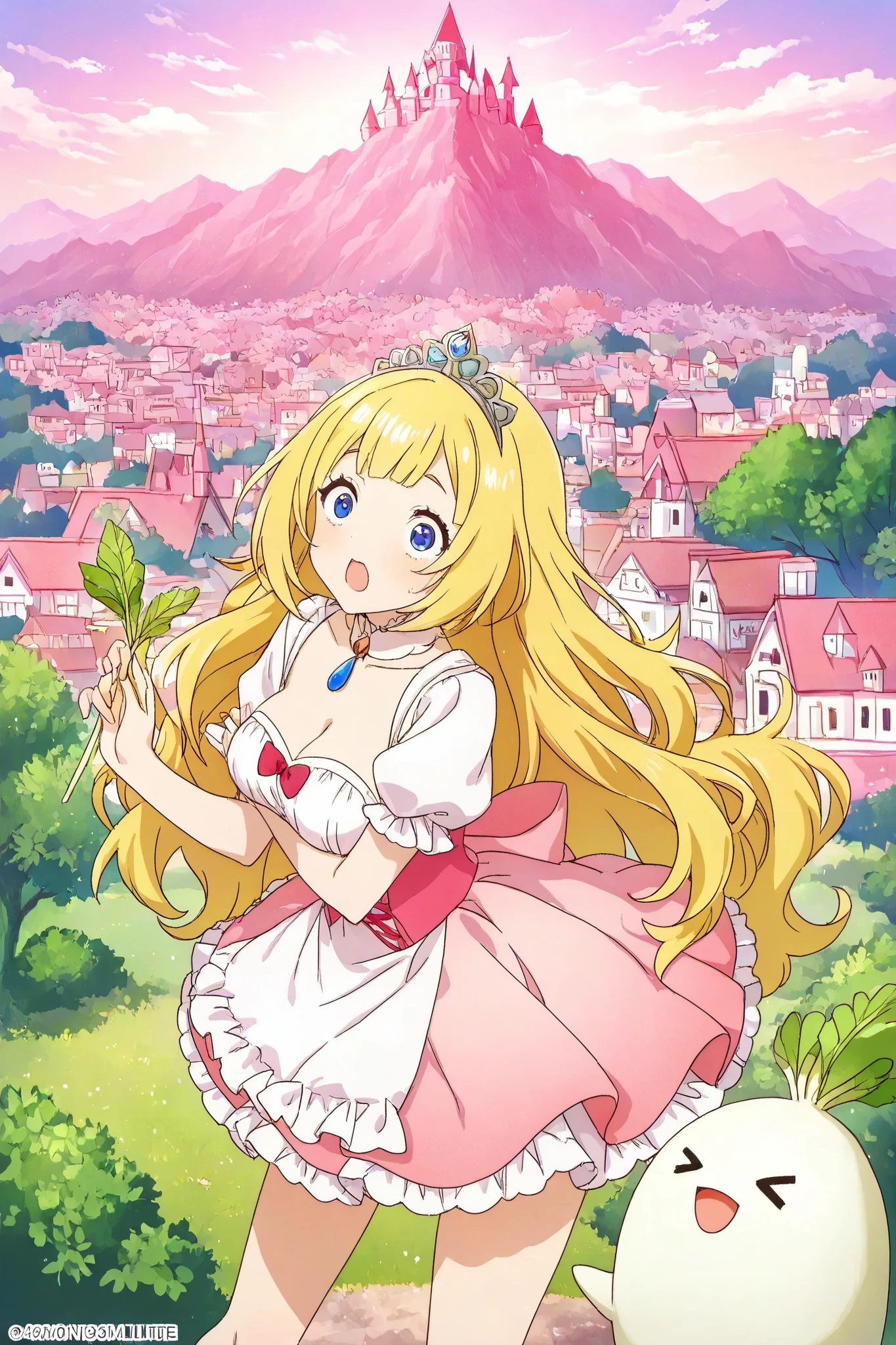 masterpiece、highest quality、I am a Princes daikon\(A very surprised expression,sakura pink dress,tiara with green leaves\),many little daikon\(litle Japanese white radish charactder with green leaves\),focus on the princes daikoncute kawaii village, castle made of Japanese rice,