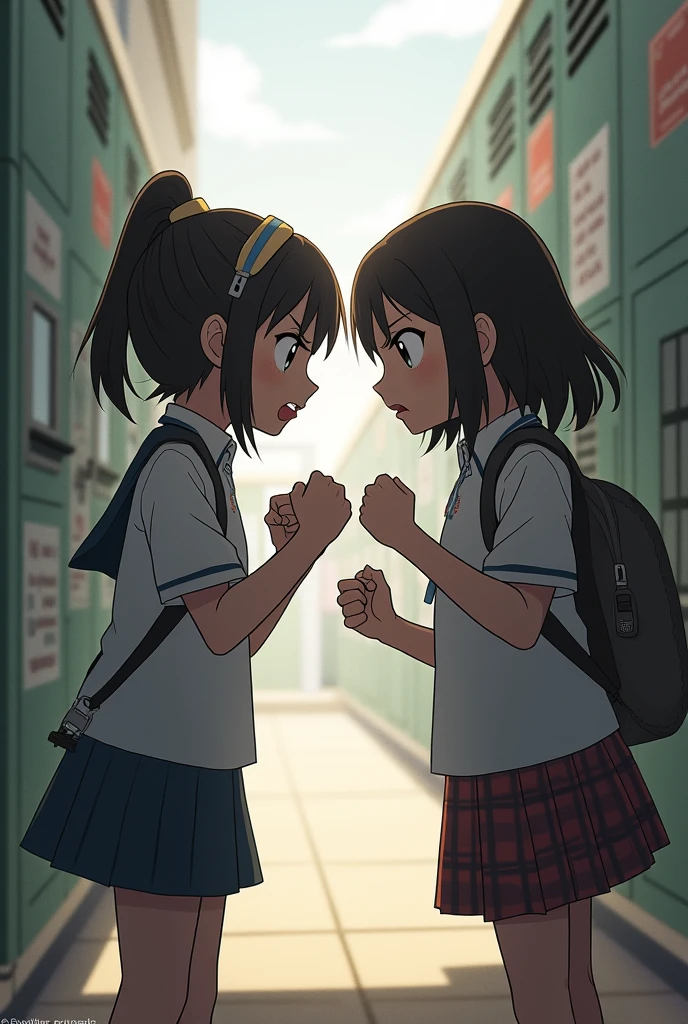 2 indian girls fighting in school . In school dress in skirts. With angry face and eye to eye contact