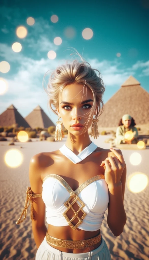 Half naked Tia is shown to have a fairly slender figure. She has white-grey hair , she has short hair and large pale green eyes, Best quality, very detailed, high resolution raw image, ultra clear, sharp mullet focus, girl, off shoulder, cleavage exposed, cowboy shot, on a tourist visit to Egypt, pyramids and camels in background, at noon