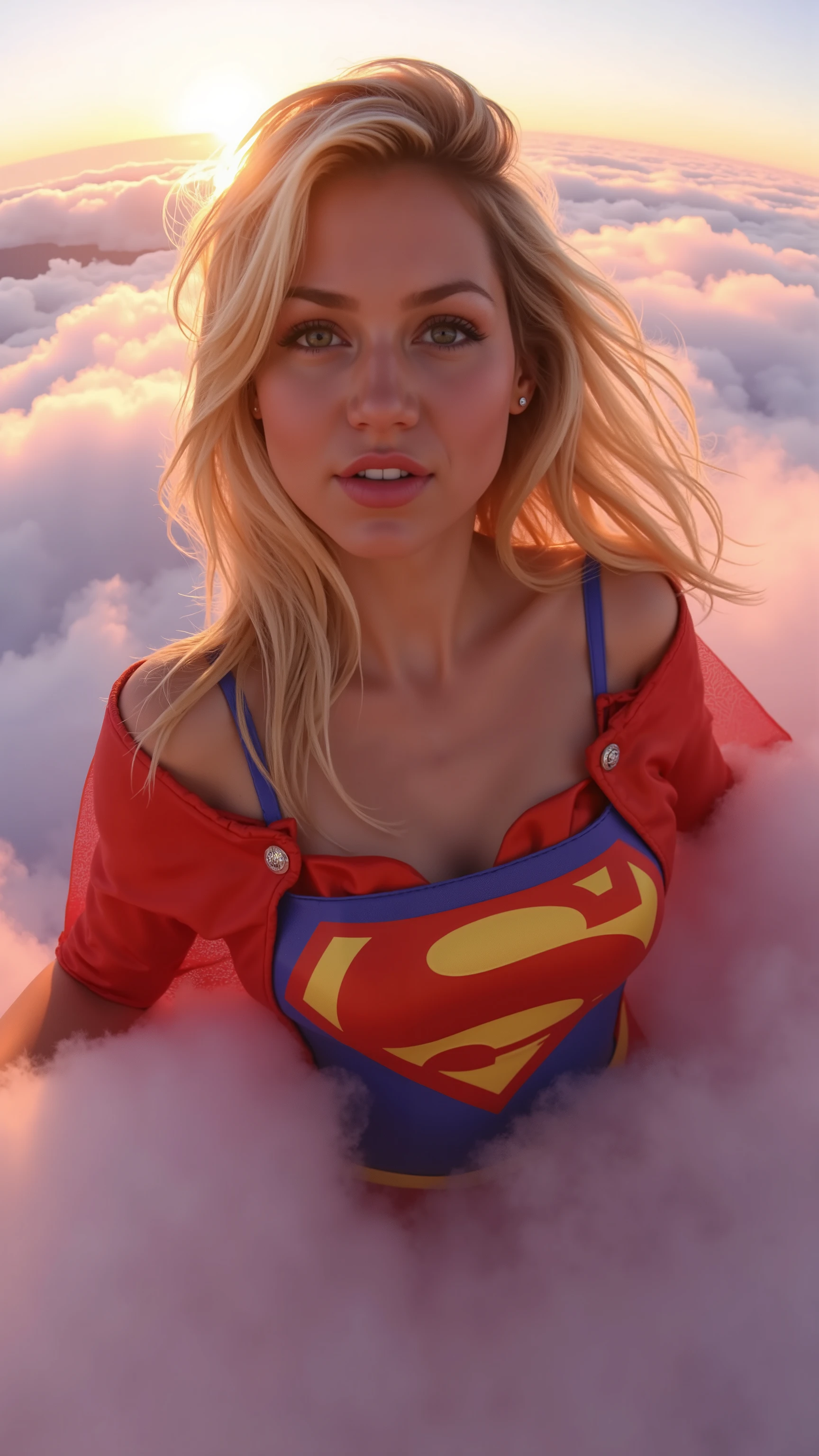 High angle fisheye Close-up of a busty figure, a young woman in a 1980s Supergirl costume ((20years old with large breasts; Supergirl 1980s costume; glued to the body; beautiful and elegant; huge cleavage ; blonde hair with some white strands))) and piercing gaze, floating with just a hint of early morning sunlight. She is floating in the clouds, reflected pink light, fog or mist in the foreground