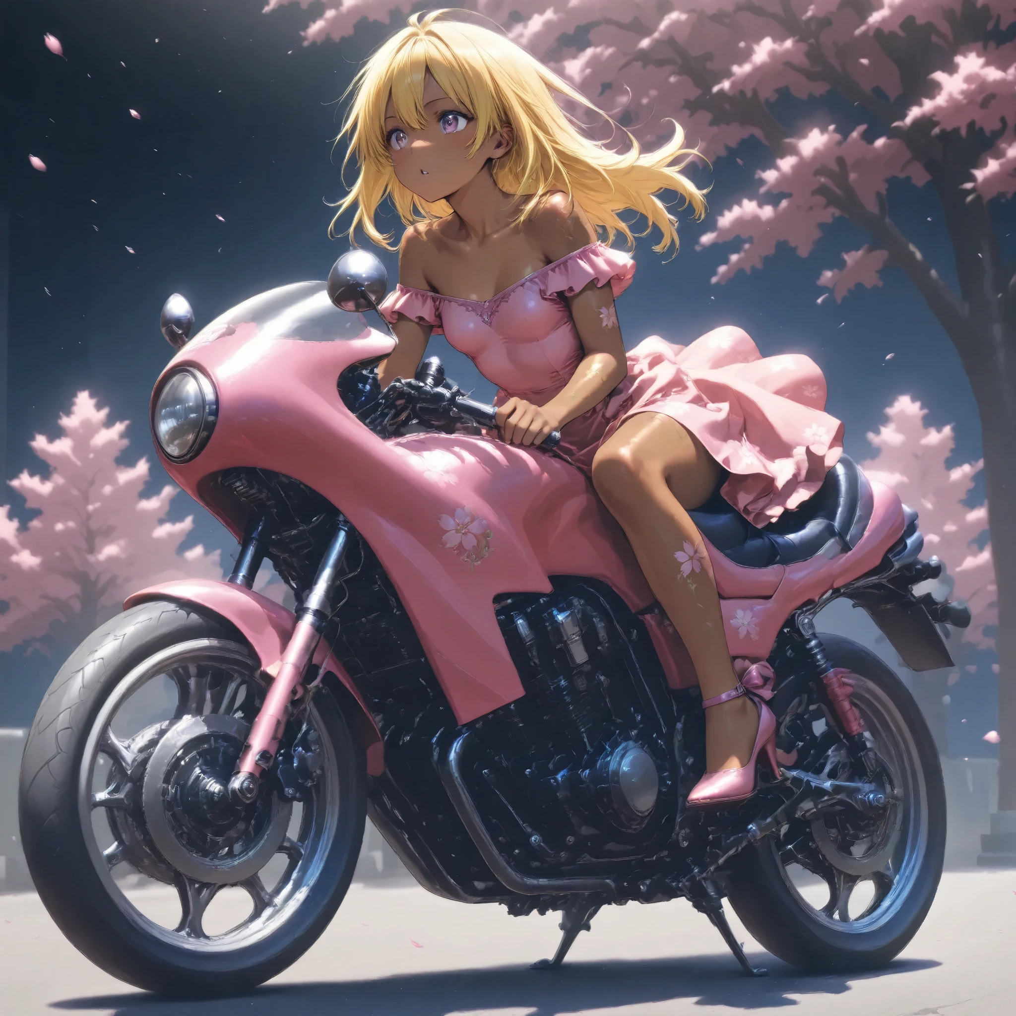 A high school girl is riding a motorcycle ,cherry blossom embroidery off-the-shoulder、 brown skin , small breasts, video, yellow hair , top quality, textured skin, Read more 、 high heels、 MOVIE LIGHT EFFECT,