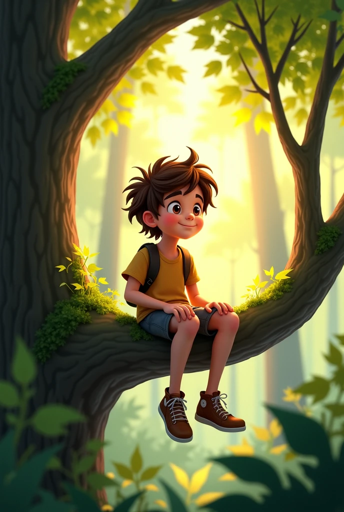 A young boy sit in the top of tha forest
