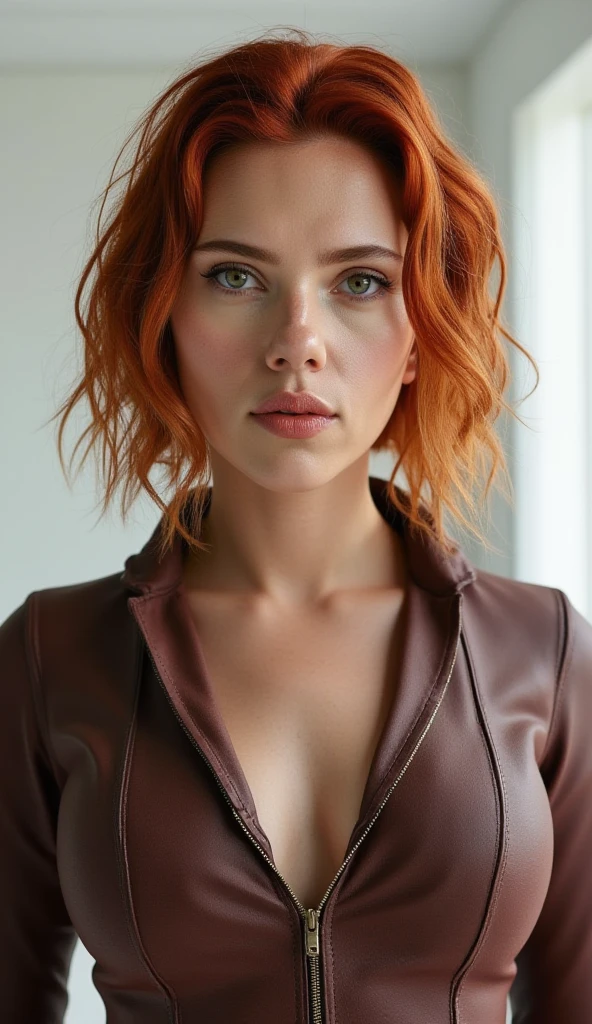 A sultry and captivating image of Scarlet Johansson, shot in high resolution and ultra high definition with a realism rating of 1.4, presenting a stunningly realistic depiction of the actress. This original photograph, taken in a selfie angle, showcases Scarlet in her naked glory, wearing only a red lipstick that accentuates her beautiful facial details and sapphire eyes. The image, a masterpiece of its kind, is characterized by a close-up view, emphasizing her toned body and smooth, realistic skin texture, subtly adorned with a film grain of 1.3 for added authenticity. The photograph, a true testament to the highest quality digital imag