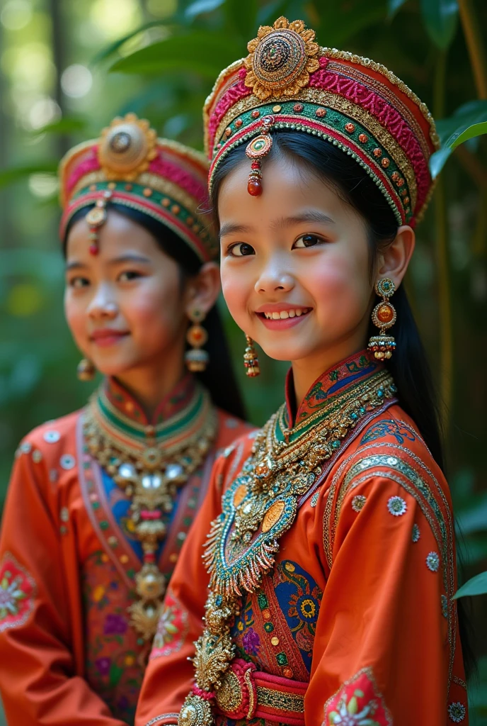 Create a picture of lakhe dance in lakhe dress of 2 children with long black and white hair and read and white face mask of nepali culture