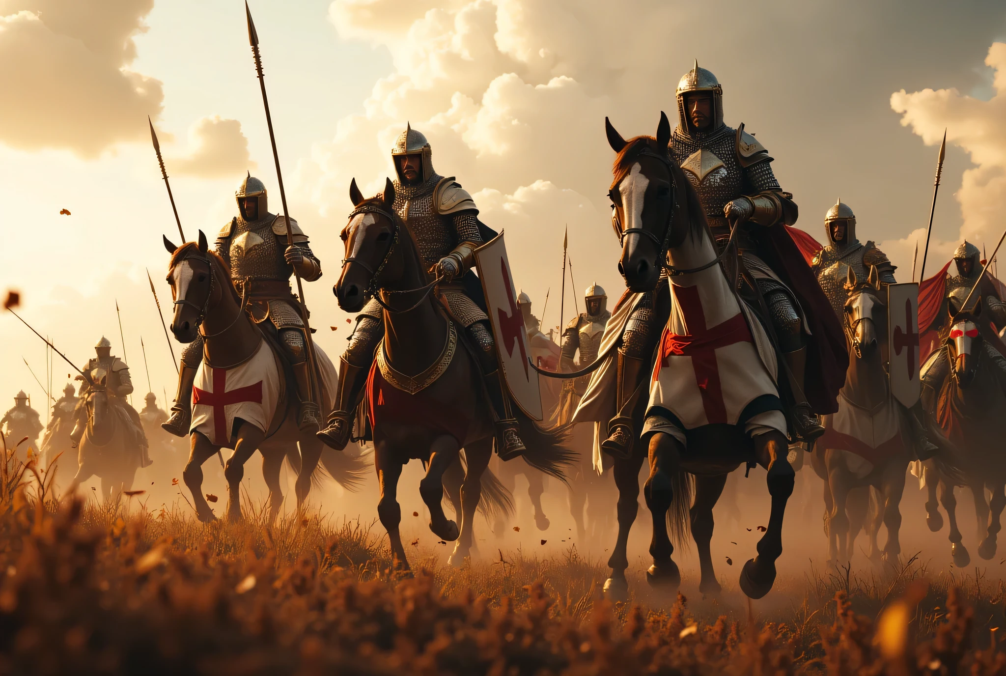 **Prompt:** Create an immersive hyper-realistic panoramic wide-angle image that draws viewers into the heart of medieval Christian Europe, emphasizing a carefully balanced composition. In the foreground, depict a courageous unit of Templar cavalry knights, each intricately designed and poised on their majestic horses, embodying the spirit of brotherhood. Clad in authentic, gleaming armor, these gallant knights wear chainmail and their signature white robes, adorned with striking red cross symbols that shimmer in the soft glow of dusk. As they charge forward, each knight wields a spear in one hand while holding a red cross shield in the other, demonstrating their readiness for the challenges ahead. Focus on the minute details of their armor and the flowing fabric of their robes, while capturing the advanced UHD ambiance that brings the scene's light and shadow to life. The image should convey a palpable sense of urgency and anticipation, accentuating the powerful movement of the cavalry. Pay particular attention to the fine details of their hands, ensuring the realism of their grip on their weapons is striking. Aim to achieve a standard reminiscent of award-winning documentary photography, similar to the works featured in National Geographic, ArtStation, and DeviantArt. This artwork should resonate with historical accuracy, celebrating the enduring essence of the medieval era without any elements of violence or negativity. DEUS VULT!