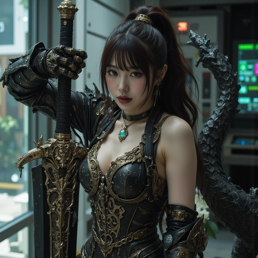 (1 Mechanical Girl)、top-quality、masterpiece、超A high resolution、(Photorealsitic:1.4)、Raw photo、女の子1人、Fight mutants、glowy skin、(((1 Mechanical Girl)))、With a beautiful knife、(Red Metal Bodysuit)、((Random Hair Styles)),(Fight goblings、ogre、Fierce battle with orcs),(Fight fiercely against aliens)、Fight fiercely、(beautiful forest background)、(Fighting Demonic Beasts)、(Small LED)、((super realistic details))、portlate、(Strong giant demon beast background),globalillumination、Shadow、octan render、8K、ultrasharp、Colossal tits、Raw skin is exposed in cleavage、metals、Details of complex ornaments、Japan details、highly intricate detail、Realistic light、(Mystical expression),CGSoation Trends、Blue eyes、radiant eyes、Facing the camera、neon details、(Mechanical limbs)、(blood vessels connected to tubes)、(Wires and cables connecting to the head)、Small LED、,Mechanical thighs、Toostock、(Hands are also made of machines)、(Attack of the Monster Beasts)、