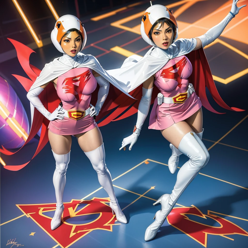 ANI_CLASSIC_jun_gatchaman_ownwaifu,1girl, 15yo,good anatomy, masterpiece, best quality,realistic, hyper realistic, 16k hdr, long hair,breasts,lips,large breasts,lipstick,makeup,gloves,cape,helmet,belt,elbow gloves,white gloves,mask,ultra miniskirt,leotard,spacesuit,white tight overknee highheels boots,pink dress,superhero,bodysuit,cleavage,erected nipples,(stand pose,hands on hip),(spread legs:1.1),cameltoe