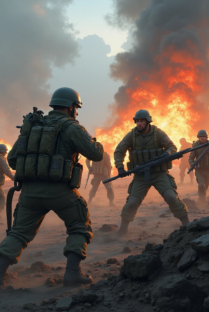 Burst out of the flames,Burns,Pla,hold a rifle,warriors,angry look,charge,To die,bellow,miltary,male people,Tough guy