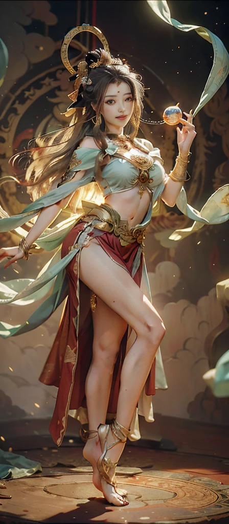 Dunhuang style, 1girle, shoulders, navel, flying fairy, Dunhuang mural in background, dance, gray hair, a lot of hair, very long hair, hair ornaments, ribbons, earrings, gold jewelry, hair bubbles, copper bells, red clothes, flowers on the head, gradient eyes, smile, barefoot, no shoes, full body portrait, surrealism, high detail, romanticism, cinematic lighting, glitter, reflected light, masterpiece, super detail, textured skin, anatomically correct, high detail, best quality, high quality, Award-winning, 8K