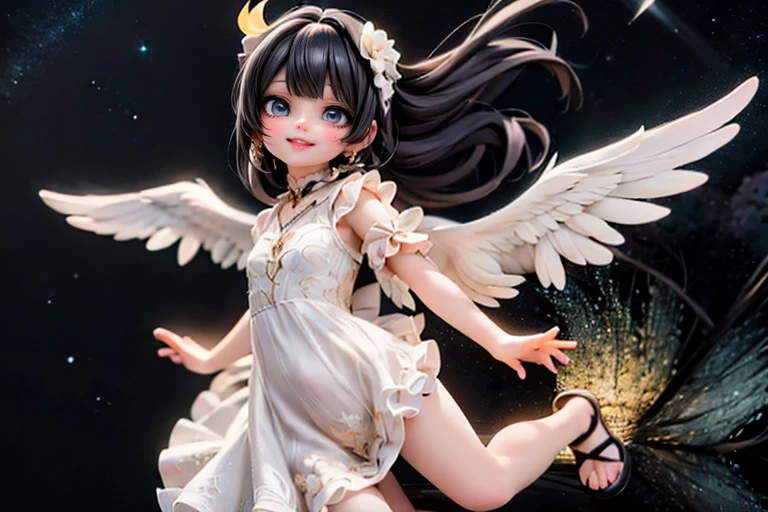 A beautiful thin girl with long straight hair angel halo over her head small angel wings white short white short skirt white white furry boots.