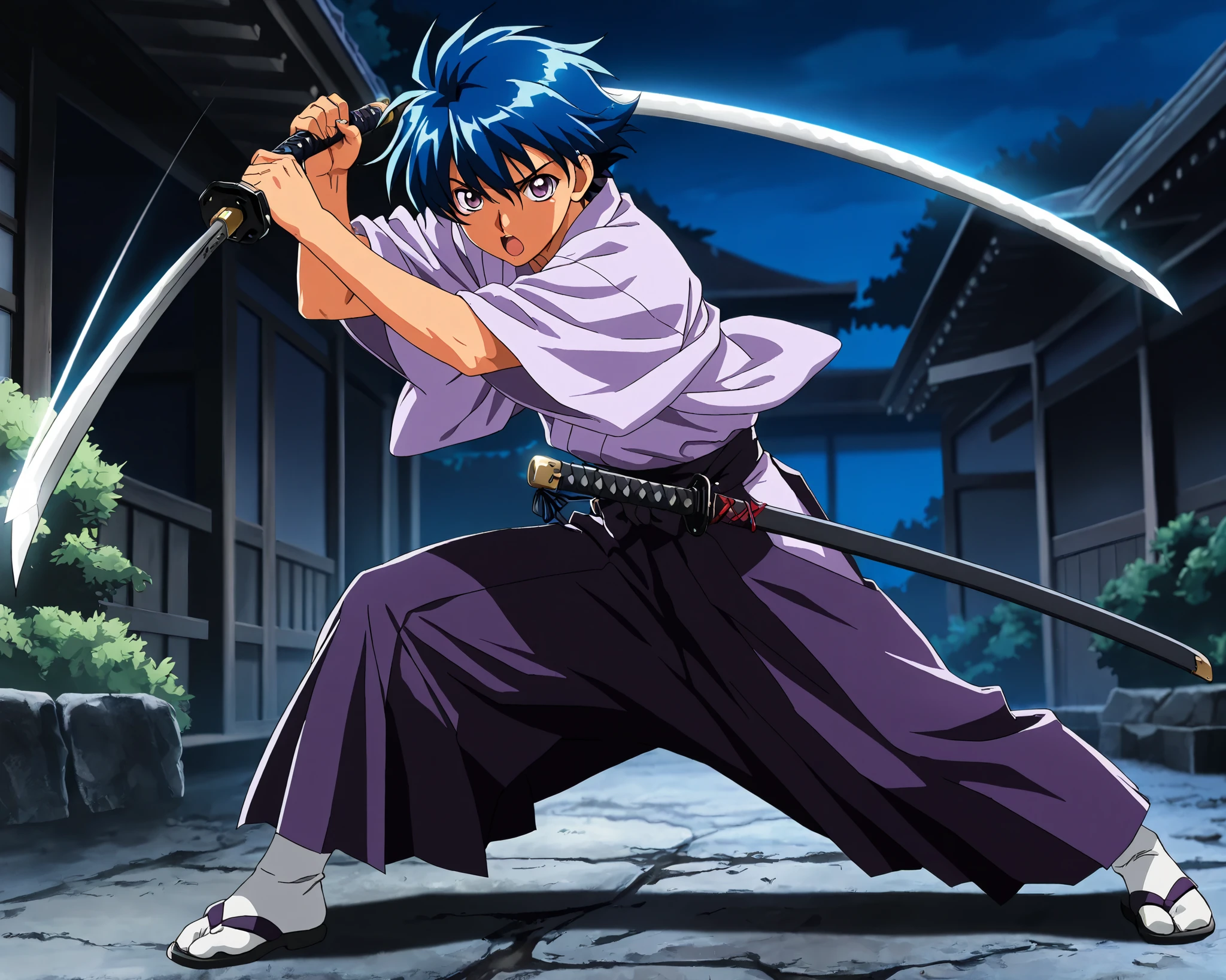((masterpiece)), ((best quality)), ((ultra-detailed)), score_9_up, score_8_up, score_7_up, HD, top quality, best quality, High-quality illustrations, anime screencap, perfect anatomy, 1boy, 1male, male anime character, anime boy, Takeru Taiga, blue hair, purple eyes, Japanese, night time, japanese clothes, hakama, Purple kimono, masterpiece, best quality, amazing quality, 1990s (style),perfect lighting, action pose, weapon, Katana, (( The Katana's blade is a cobalt blue )) holding weapon, full body