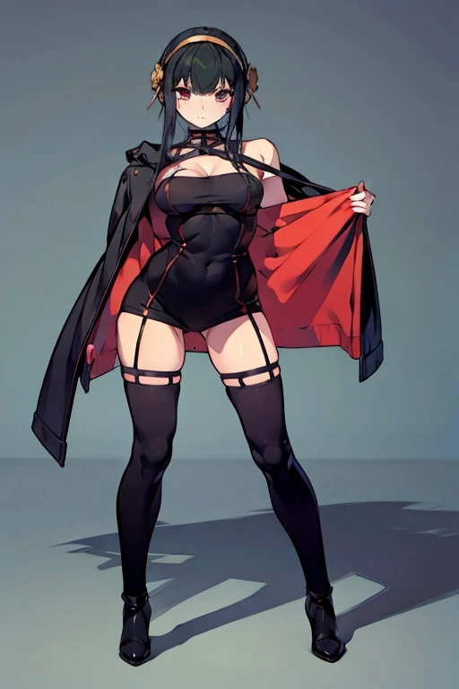(whole body),masterpiece, Highest quality, One Girl, purple, Long Hair, Black Hair,  Hair on one eye,  (Red Hero Suit)，Red bodysuit，black elbow gloves，Black thigh-high boots，Thick thighs，Place one hand on hip，upright，View your viewers, smile, Simple Background 