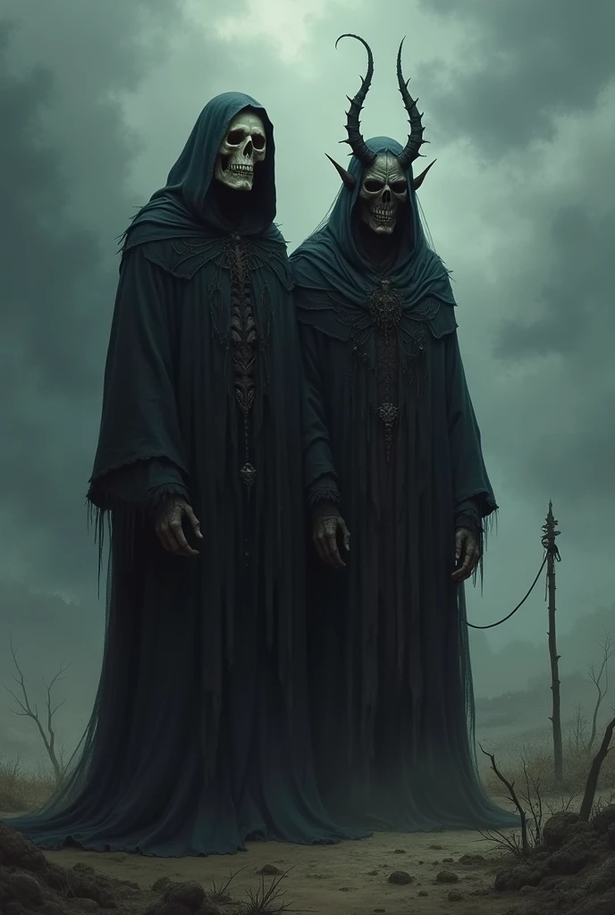 (((creature with a spectral and ghostly appearance)). Her skin is pale, almost translucent. His eyes shine with a bluish glow, he wears dark, torn clothes that float around him, as if permeated by an aura of mourning. Its appearance is complemented by details such as chains, symbols of mourning and gothic elements, further emphasizing its dark air. is portrayed as a haunted and tormented entity,{creature}