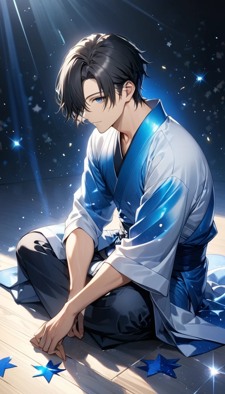  dark-haired young man" Asuka",（Japanese kimono that shines blue）,Hikaru Genji, sits on the floor((glitter effect))