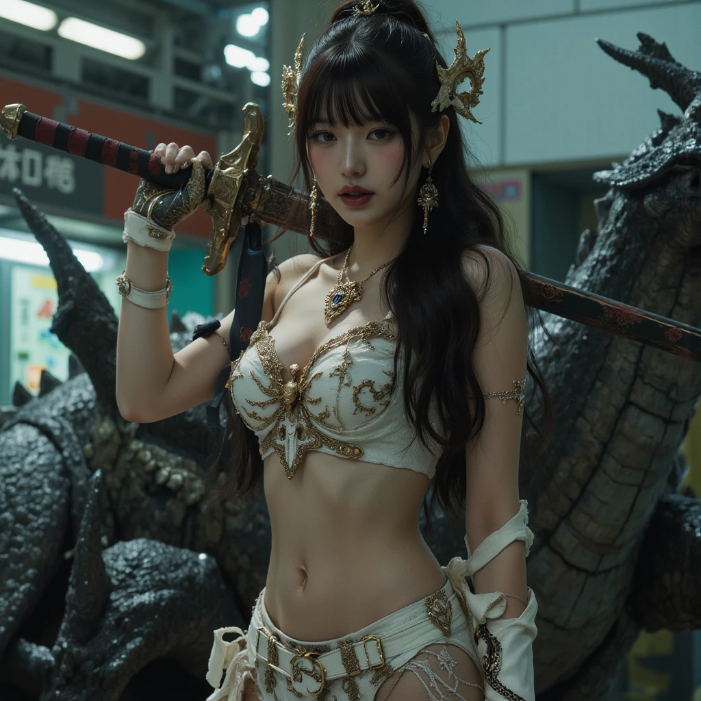 ((World of Darkness)),Professional , masterpiece、top-quality、photos realistic , depth of fields 、(((Fight dragons))),(Dragon Black Metal Body:1.9),(latexwhite、(cleavage of the breast),(Fight dragons)、Full Body Angle、(((Particles of light))),(Micro Bikini Armor:1.7),Gorgeous gold weapons ,(Fight dragons)、Seductive look、The face of the dragon is out、(blood splattere、Armpit、((((With a magic wand))), ) , (((Wearing a silver latex wizard hat))),(demonic wings) ,((a blond))、(Castle background)、((Gangle's forest background))、Beautiful Caucasian beauty、1a person、Armpit、dynamic ungle,(((Detailed Dragon Wizard Hat)))、Smaller head、A smile、Castle background、Thin and beautiful female hands、cleavage of the breast、Soldier in iron armor on background、Mystical expression、Light Effects、intense fighting、Wind-effect、magic circles、With the legendary magic wand、Dragon's tail、explosions、Toostock、Toostock、(Beautuful Women),