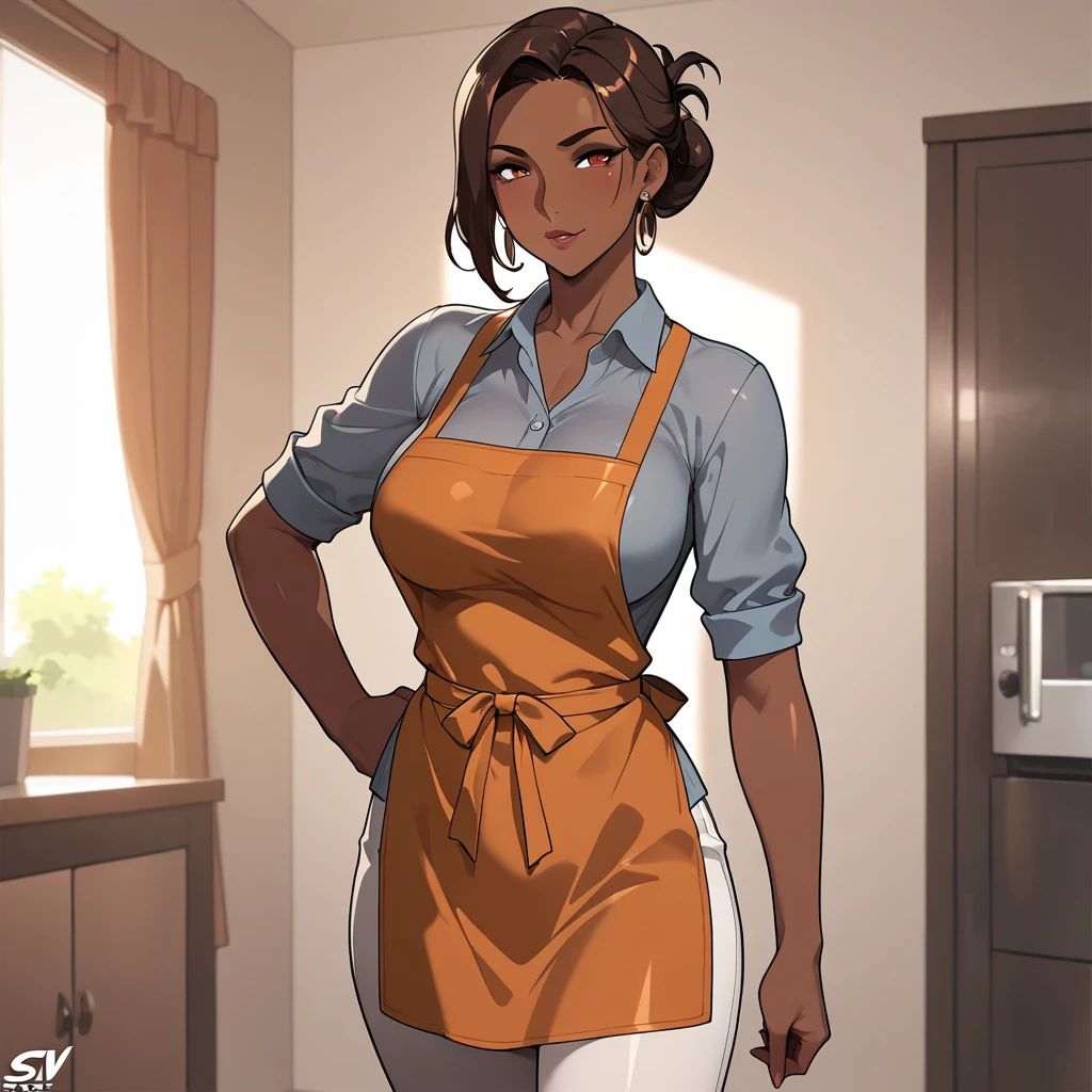 mature woman, solo, 1woman, retro, wearing dress and apron, standing in kitchen, modern kitchen, (huge breasts:1.1), muscular, black hair, updo, hair bun, makeup, looking down at viewer, hands on hips, (from below:1.3), (extremely low angle:1.2), smiling, incase