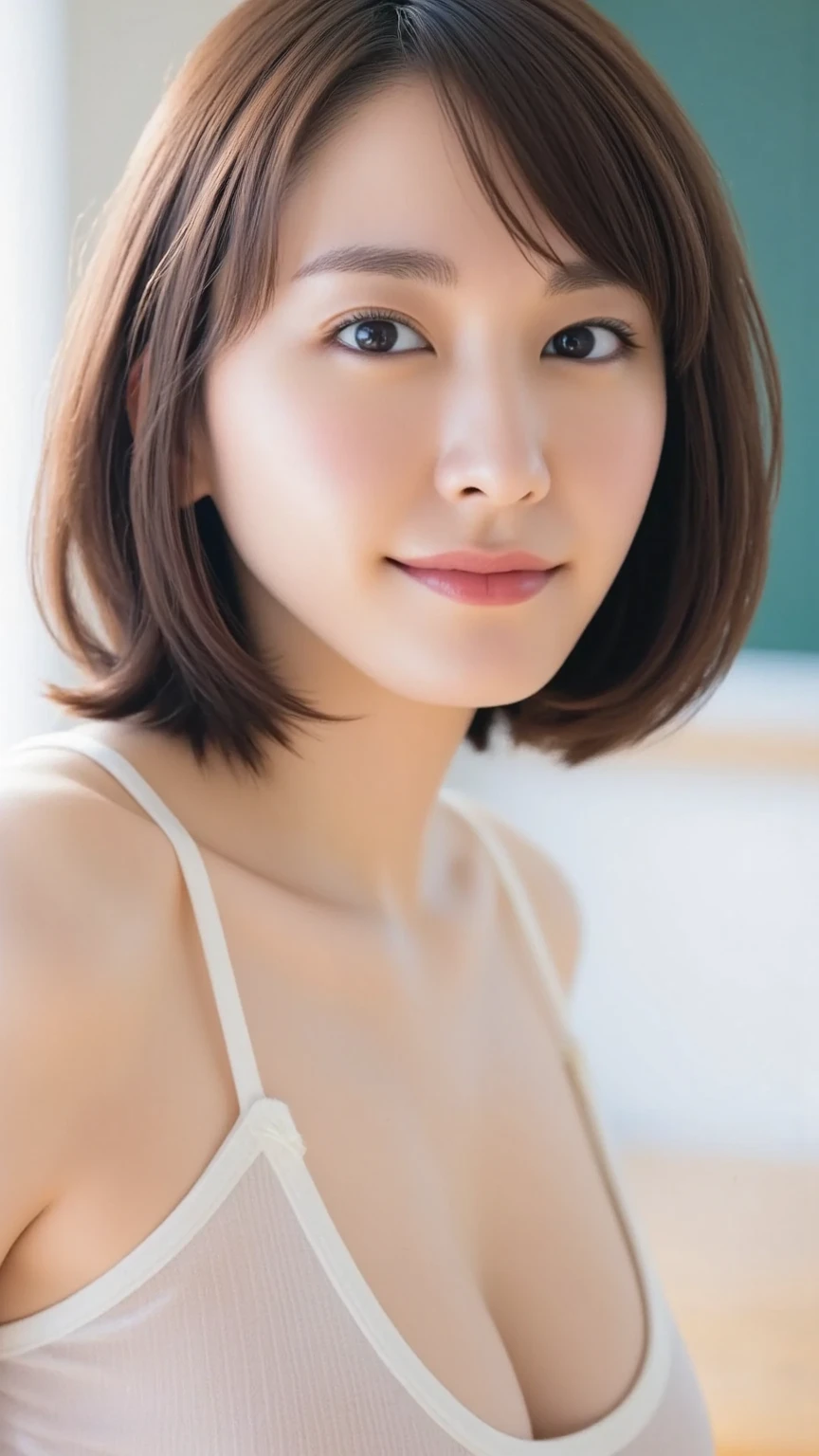 (8k, highest quality, masterpiece: 1.4), Super detailed, highest quality, Ultra-high resolution, Depth of written boundary,(Photorealistic:1.4,RAW shooting,)Ultra-Realistic Capture,(Very detailed,High definition 16K), cute, girl, Brown Hair, Japanese, 14-year-old girl, Mr.々A pose, (face,front), (indoor:1.4), (Sunlight streaming through the window), Face Up Shot, short hair, (Inside the room:1.4), faceに直接光が当たってる