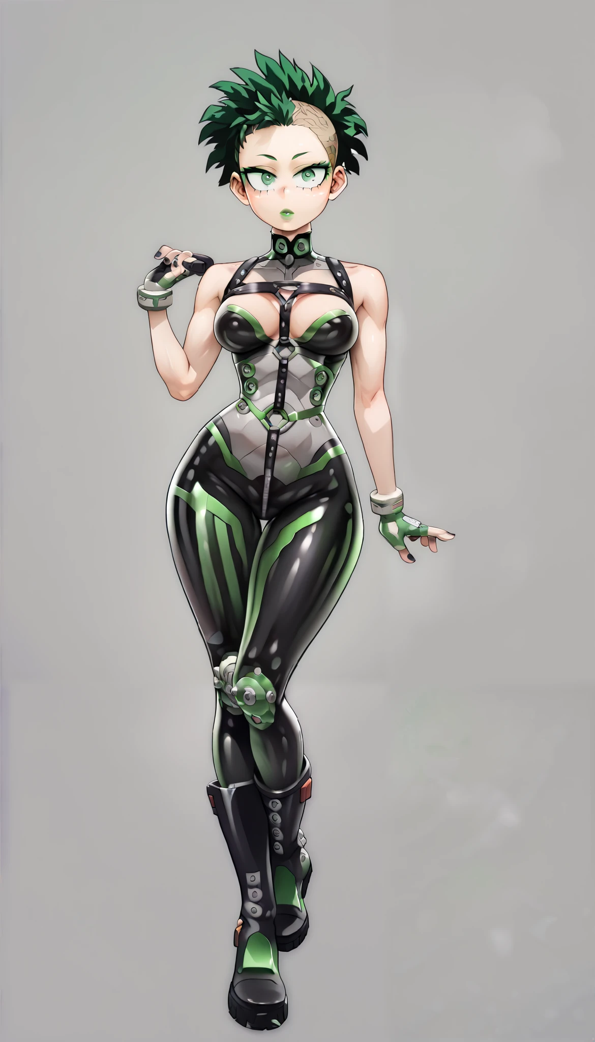 ((My Hero Academia Style)), Izuku Midoriya, (genderbender), (1Girl), (solo), (Female), (masterpiece), (amazing quality), (High Quality), (best quality), (short hair), green eyes, panties, green hair, (Mohawk mullet hairstyle), (medium breasts), (wide calves), (slender waist), (wide hips), (wide thighs), (breast harness), (perfect hands), (perfect anatomy), (perfect face), (black nail polish), (green lipstick), (Full Body Photo:1.5), (looking at viewer), (black ankle boots), (Simple background), (metallic green eyeliner), ((Green eyes:1.5)), ((calm neutral expression)), (((metallic green latex bodysuit))), (((Black leather jacket))), ((fingerless gloves:0.9)),