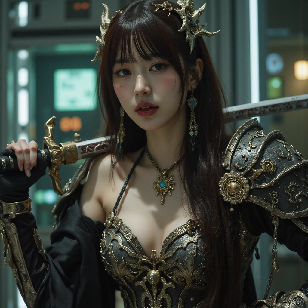 (One Knight Girl)、top-quality、masterpiece、超A high resolution、(Photorealsitic:1.4)、Raw photo、女の子1人、(Wear the Dark Knight's Armor)、glowy skin、(Random hair),(((Dark Fantasy)))、Fight with beautiful swords and shields、(((Mystical expression))),(((Have a gorgeous and long magic wand))),(Gorgeous gold metal body)、(Fight goblins、ogre、Fierce battle with orcs),(Fighting strong enemies)、Fight fiercely、(Background of decaying dungeon ruins)、(Ultimate Beauty)、(Detailed knight's helmet)、(Fighting Demonic Beasts)、(Wizard Hat)、((super realistic details))、portlate、(Strong giant demon beast background),globalillumination、Shadow、octan render、8K、ultrasharp、Colossal tits、Raw skin is exposed in cleavage、metals、Details of complex ornaments、Japan details、highly intricate detail、Realistic light、(Mystical expression),CGSoation Trends、Red Eyes、radiant eyes、Facing the camera)、Gundam、Small LED、Toostock、(Background of the mutation)、(Attack of the Monster Beasts)、Ultimate Beauty、beautiful female knight、Wear colorful armor、Detailed sword、(Wearing legendary armor)、