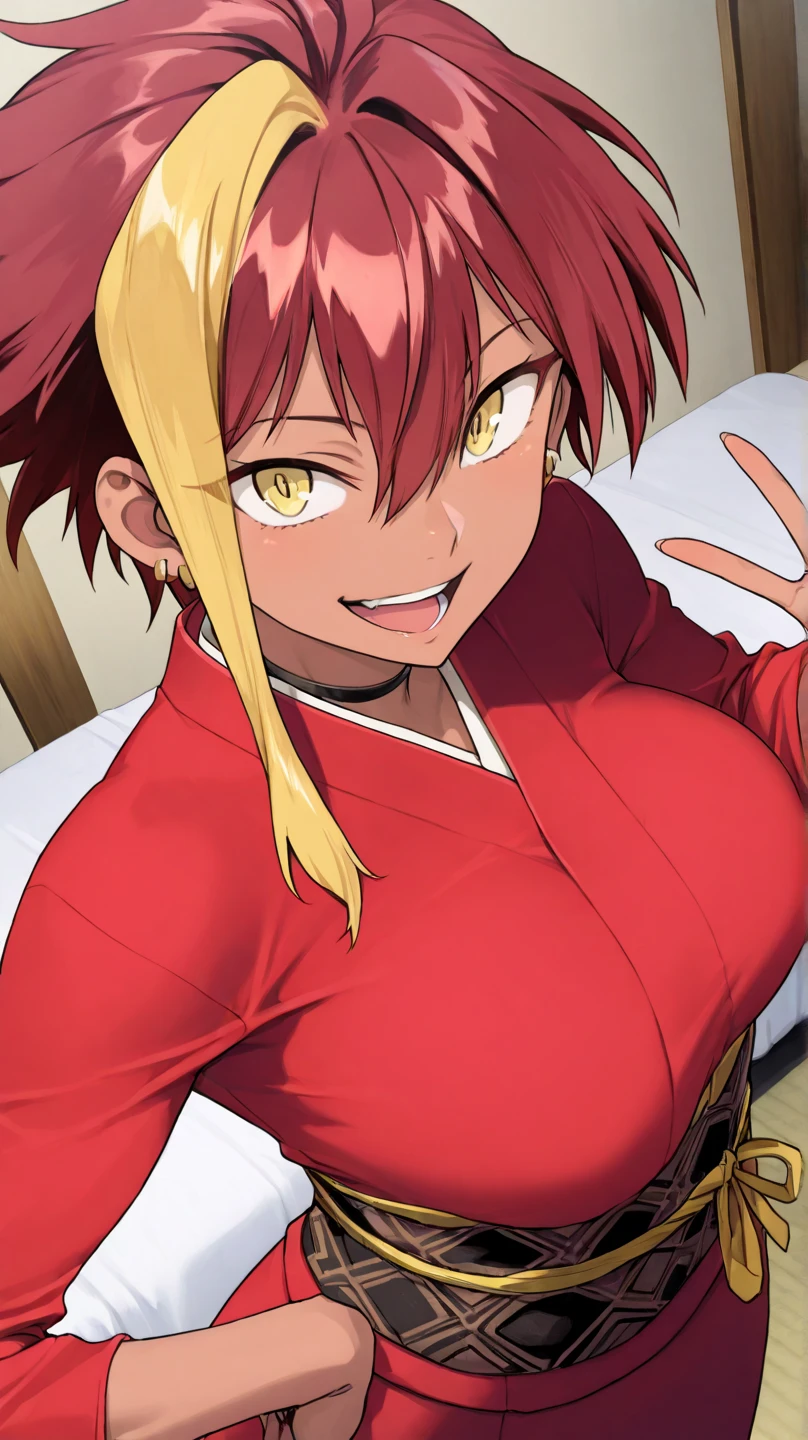  , marle
High quality ,  best quality , masterpiece,  High Resolution , anatomically correct,anime Coloring
1girl,solo,Cool woman, handsome woman, beauty in men's clothing
, dark-skinned female, yellow eyes, short hair, red hair, yellow hair, multicolored hair, single sidelock, , toned
, , earrings,red kimono(long sleeve), Japanese clothes,
, Japanese-style room
looking at viewer,close up,from above,upper body, three quarter view, dutch angle
 , smile,open mouth,
,double v
