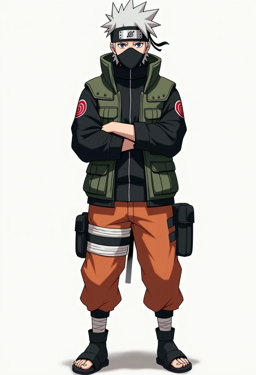 Create an original ninja character that blends the costume, colors, and style of Naruto Uzumaki and Kakashi Hatake. The character wears a modern ninja outfit featuring a long-sleeved jacket with a combination of dark green and black, inspired by Kakashi’s vest but with a zippered front and a high collar like Naruto’s jacket. The jacket includes several tactical pockets and a spiral emblem on the left sleeve.
The character wears dark orange pants with black accents, resembling Naruto’s style but with a more tactical appearance. White bandages wrap around the right thigh and lower legs, similar to Kakashi’s design.
For accessories, the character wears a Konoha headband tilted slightly like Kakashi’s, with the cloth ends fluttering to the side like Naruto’s. A black mask covers the lower half of the face, and the hair is spiky like Naruto’s but silver like Kakashi’s. The expression is confident yet mysterious.
The character also wears open-toed black ninja sandals, with bandages wrapped around the ankles. A dark-colored weapon pouch is strapped to the right thigh. The stance is strong, with arms slightly crossed over the , reflecting Naruto’s confidence and Kakashi’s calm demeanor.
The background is pure white, keeping the focus on the character. The lighting is soft and even, ensuring every detail of the outfit, hair, and accessories stands out clearly. The overall design should give a sense of a highly skilled and modern elite ninja, blending strength and intelligence.