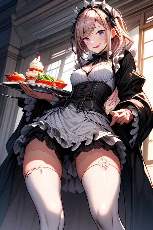 (small breasts:1.2), (perky chest:1.2), (pointed chest:1.2), (Pudding cake magazine cover:1.3),(from above:1.0),(shoot from the side:1.1),masterpiece, 1girl, Amazing Cleavage:1.1, thin waist, optimum,tmasterpiece,hight resolution,best qualtiy,hyper HD,super detailing,awardwinning,a 18yo cute girl,(The upper part of the body),anatomy correct,Beautiful Black miniskirt,garters,Gaze,Small face,bangss,holster,Beautuful Women,hands up,leg holster,Gaze,black boots,Cowboy Shot,cute face,a blond,Longhaire,Twin-tailed,Braids, Hairline,(scarlet eyes),long eyelasher,Hanging eye corners,White skin of the, ((see through camisole:1.1)), ((Sheer nipples:1.0)),Rocket Tits,(Slim body),smile,seductive weak smiling,(with sparkling eyes and a contagious smile),little open mouth, Looking at Viewer,