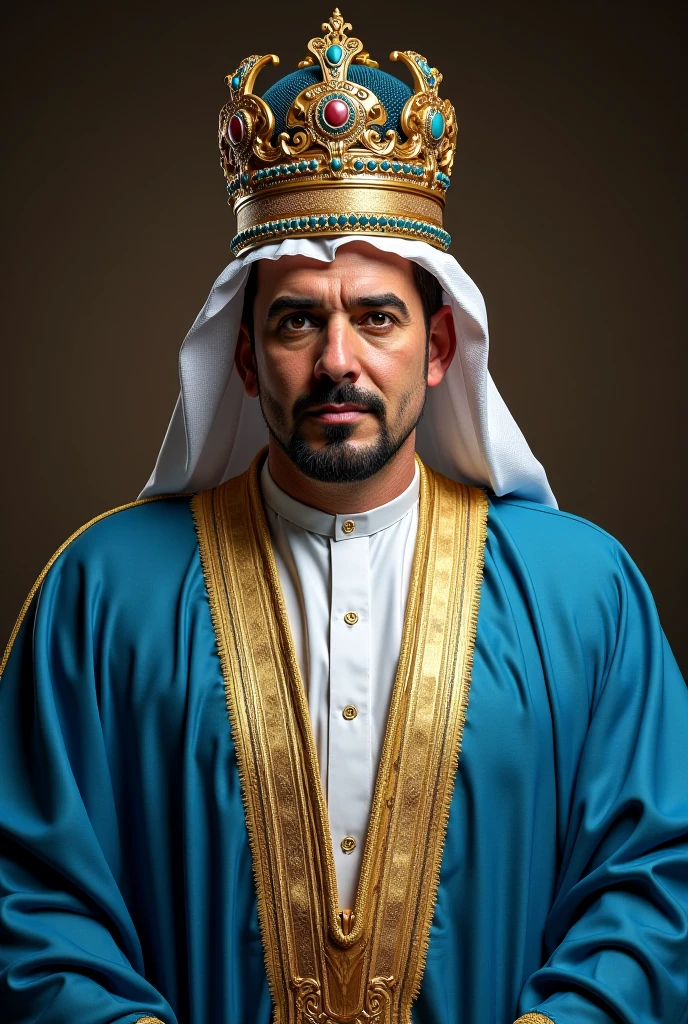 Good-looking man, young, middle aged, 40 years old, with beard and white tunínca with soft blue details on a balcony, majestosa obra-prima, Cinebiografia, 4 k filme ainda, filme ainda 8K, ainda do filme, inspirado em Osman Hamdi Bey, ainda de um filme, programa de tv ainda, imagem promocional do filme, homem bonito, obra-prima obra de arte, Sergey Zabelin, vestido com uma vestidura branca. imagem ao fundo com nevoeiro e poeira, uma cidade de dubai futurista... muito realista.