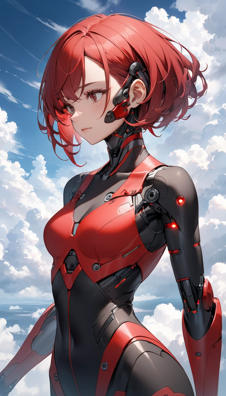 Mechanical girl, ((mechanical beauty:1.2)), Very detailedな, Detailed Mechanism, Smooth range of motion, Exposed mechanical joints, metal texture, Red body, Cyberframe, Natural Skin Exterior Parts, Glossy body,Female Curves, Artificial eye, Sharp front teeth, Red glowing eyes, cyber punk, On the road, dream-like, Surreal, Dramatic lighting, Science fiction, Cinematic composition, (Highest quality:1.2, Very detailed, Attention to detail, digital coloring, High Contrast, masterpiece:1.2, Highest quality, Best aesthetics),