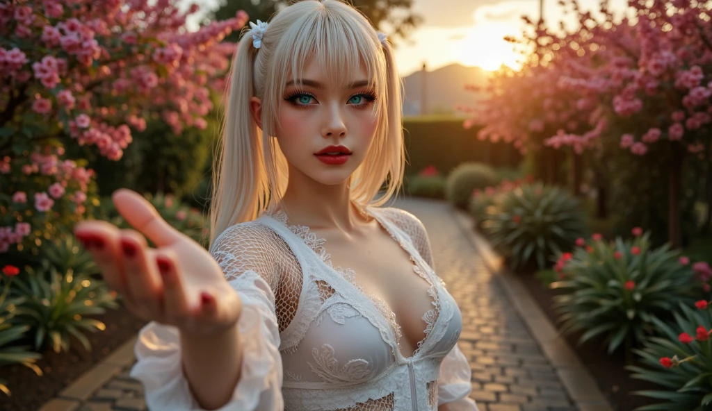 (( 1 very cute woman, walking on all fours, wearing a loose white silk extreme micro string, in a beautiful park)), (((medium breasts :1.4))), 8k, RAW photo, ((full body shot)), (highly detailed skin:1.2), (exposed:1.5), (exposed breasts:1.5), (exposed back:1.5), (exposed shoulders:1.1), photography, masterpiece, best quality, a beautiful caucasian girl with beautiful blue eyes, gorgeous light blonde hair, white skin, medium soft breasts, slim thighs, wearing white gloves), various pose, Ultra-detailed face, Detailed eyes, ((No closeup)), ((outdoors)), black choker,