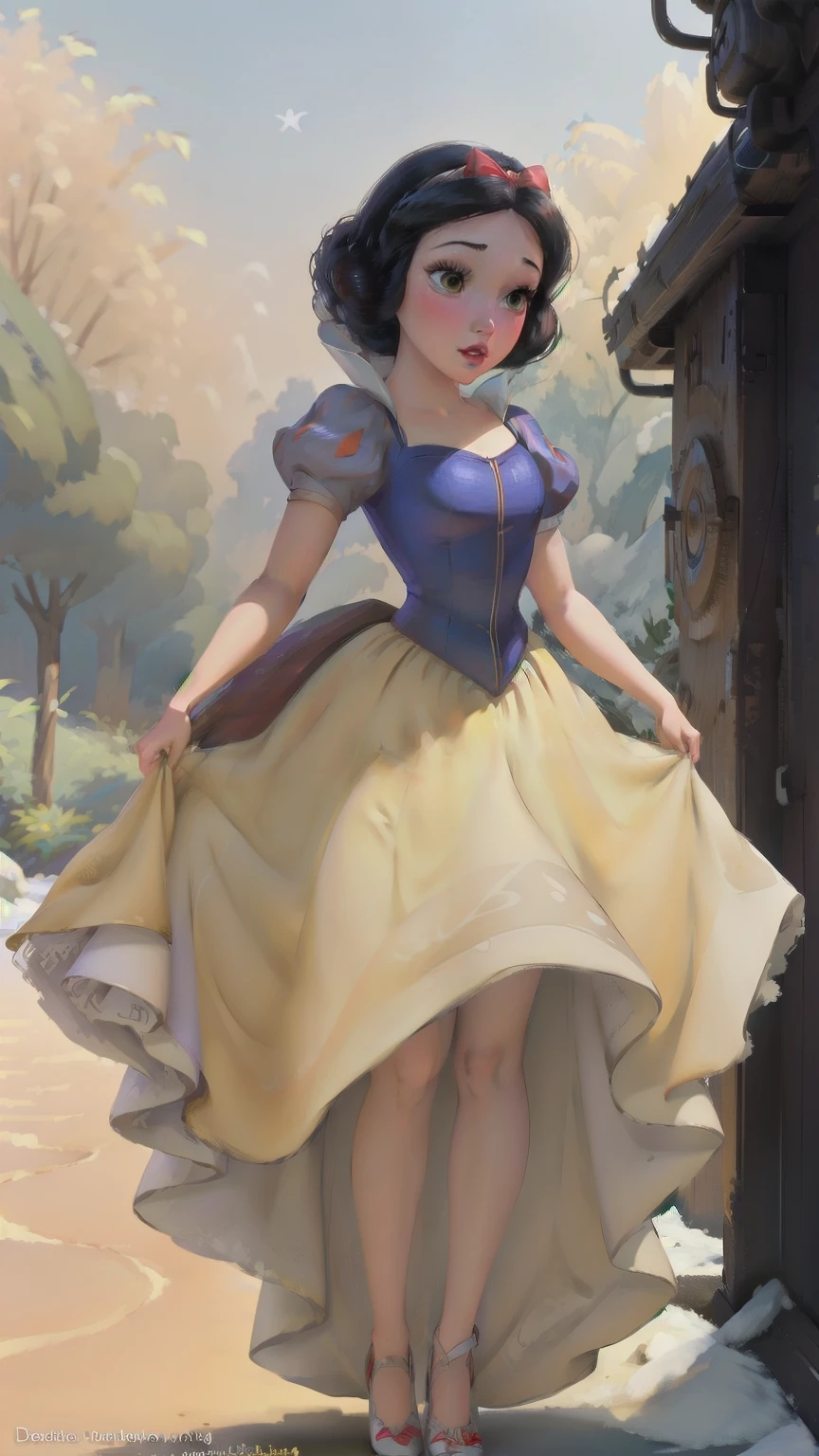 ((1 girl)), Masterpiece, (high quality, best render), (beautiful girl, snow white), (bomb, pin-up style), hot, floss, perfect body, araffed snow white in a yellow dress with a red bow, sexy snow white, portrait of snow white, pale snow white skin, 4k hd. snow white hair, disney princess, beautiful female princess, anime princess, hd artwork, official art, disney cartoon, beautiful princess, forrest background, long thin legs, large breasts, sexy pose, vibrant colors