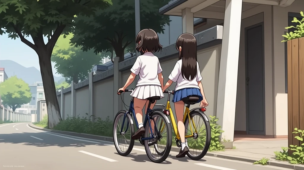 (best quality, masterpiece, ultra highres, ultra-detailed),japanese High school girls turning around to show their panties,cute,tween,summer country road,school uniform,