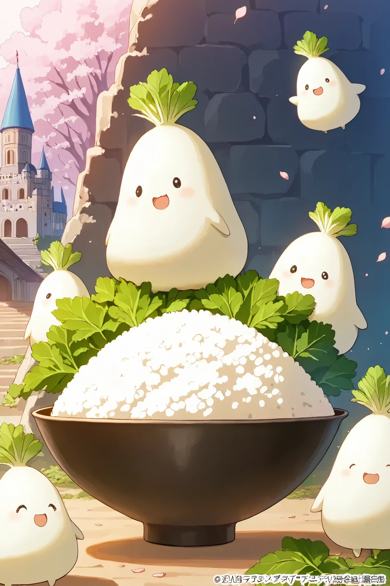 masterpiece、highest quality、I am a Princes daikon\(Japanese white radish character with pink leaves\),many little daikon\(litle Japanese white radish charactder with green leaves\),focus on the princes daikoncute kawaii village, castle made of Japanese rice,