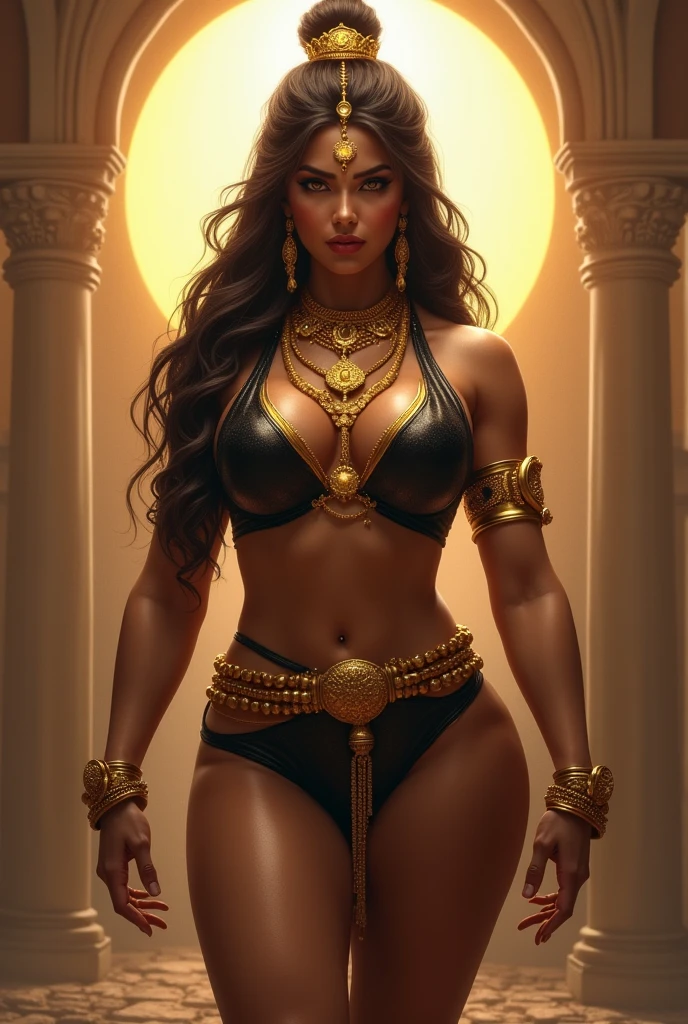 Monica Bellucci, beautiful, voluptuous, naked, large breasts, wide hips, butt, standing by a Buddha statue, long legs, bare foot, shade light, high resolution, sexy, wearing many bangles, wearing a waistband, wearing an arm band, other naked women in the background, by Louis royo, by Boris vellejo, by Frank Frazetta, by Julie Bell