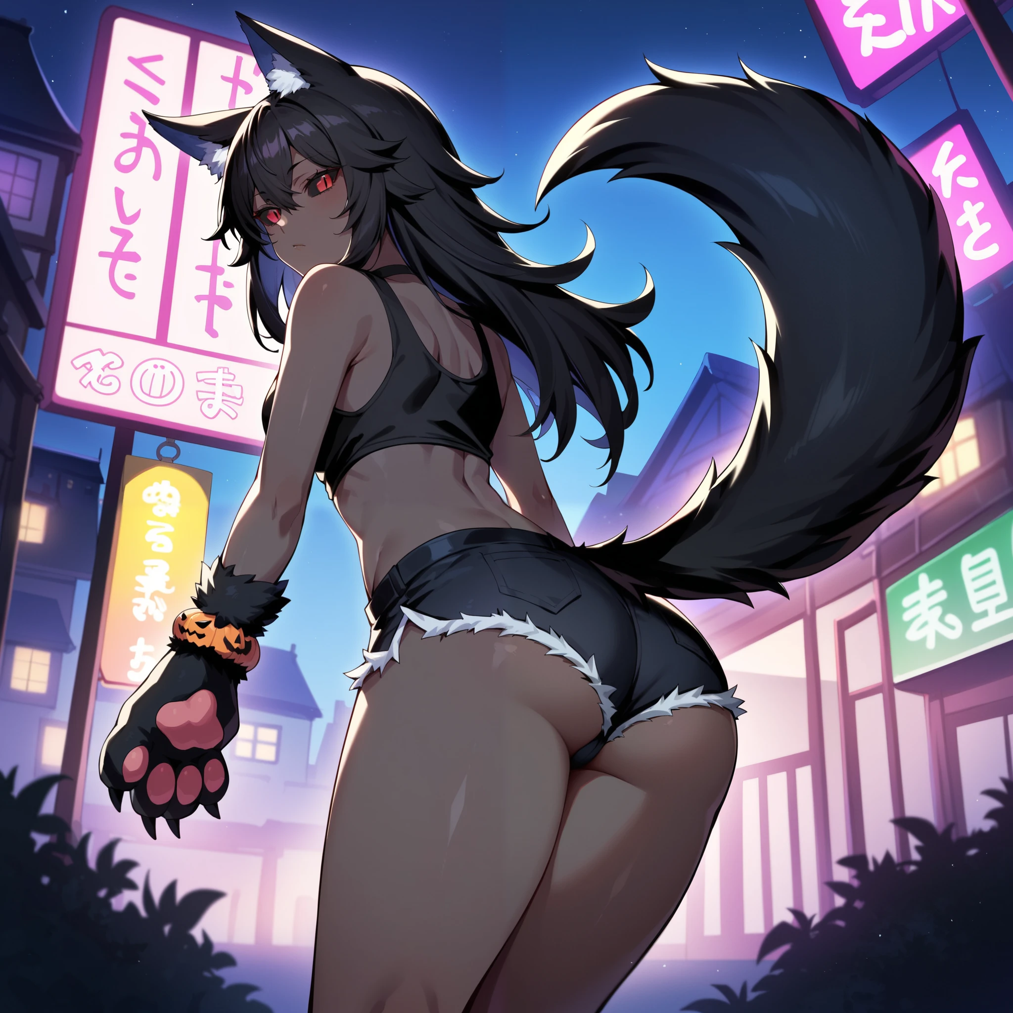 score_9, score_8_up, source_anime, Halloween, 1 girl, Alone, Black Skin , Colored Skin, slit pupils, red eyes, Black sclera, monster girl, Black fur, chest hair, curved,slim waist, wide hips, thighs are thick, long hair, medium chest, Wolf ears, Wolf's Tail , black hair, Animal Hands, Black nails, Black meat ball, Animal paws, animal paws , spike color, spike bracelet, peek at pubic hair, black tank top, shorts, Excess Pubic Hair, viewers, stand straight , rear view, ass focus, throw, night , Town Town , building, neon lights, city lights , outdoor, very detailed background, black theme,