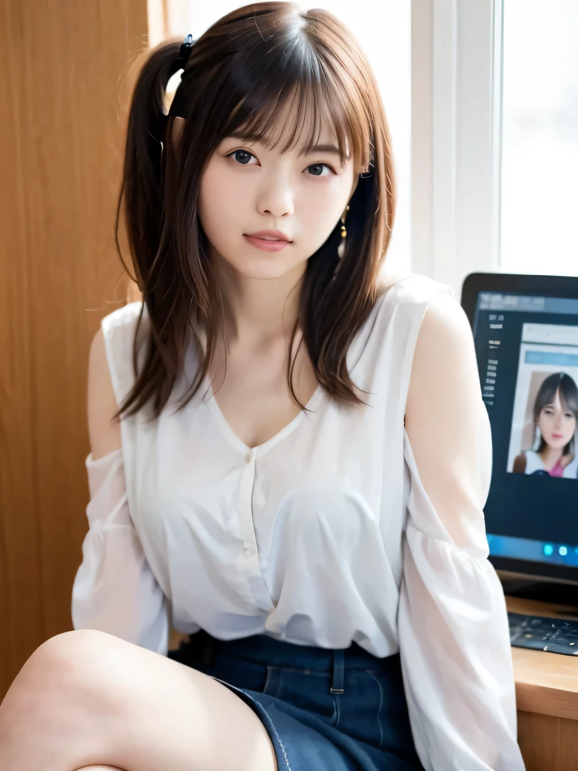 masterpiece、highest quality、16k、High Resolution、超High Resolution, Written about the depth of the border 、very well detailed、Soft light、professional lighting、Pale Shade、Weak contrast、Japanese、beautiful girl、 glamorous woman 、Daytime office、Window seat、 sitting in front of a computer 、 Loose pink see-through blouse、Sleeveless、navy blue pleated skirt、 Micro mousse and beautiful thighs :1.6)、(Big Breasts:1.3)、Deep cleavage 、 Round and big beautiful eyes 、、(thin eyebrows)、( thin lips)、kind smile、(h high quality details nose、high ponytail on the right side of the image),(See-through bangs )、
