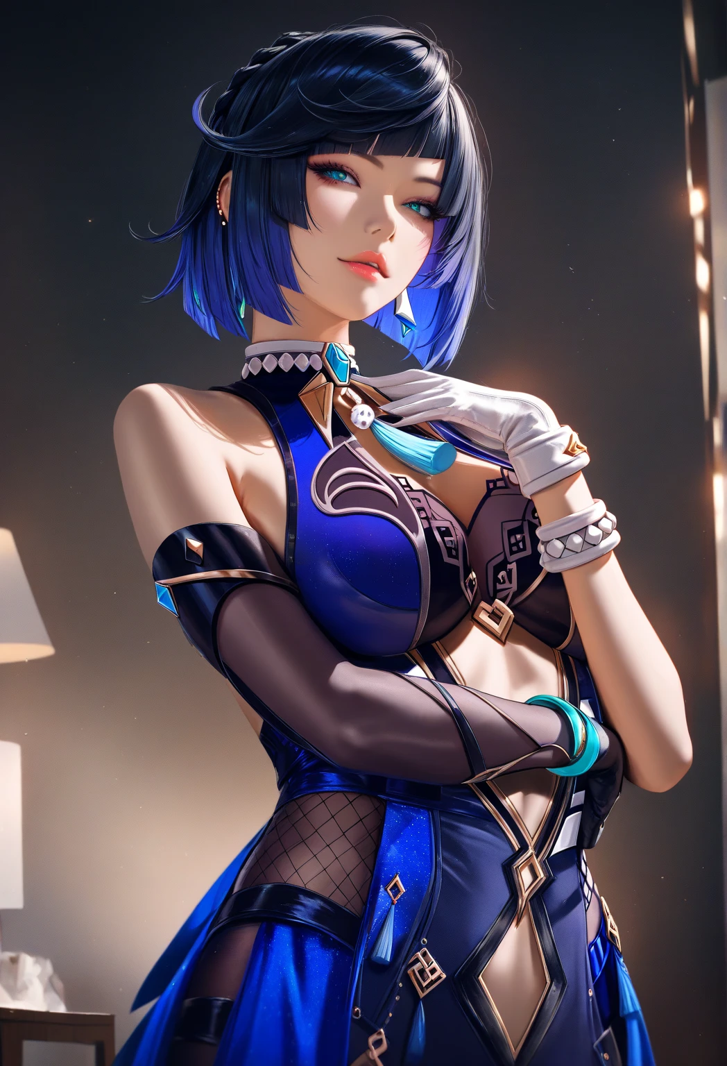 (masterpiece), (highres), yelan, 1girl, solo, looking at viewer, smile, short hair, large breasts, black hair, gloves, dress, jewelry, medium breasts, green eyes, blue hair, jacket, braid, parted lips, sleeveless, elbow gloves, armpits, mole, grin, arm up, sparkle, blue dress, bob cut, white jacket, vision (genshin impact), dice, diagonal bangs, seductive, skin tight outfit, butt, realistic, best quality, ultra detail, ultra high res, extreme detail, 8k, uhd