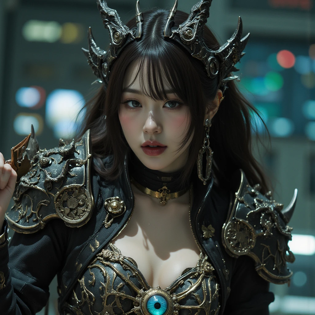 ((World of Darkness)),Professional , masterpiece、top-quality、photos realistic , depth of fields 、(((With a magic wand of gems))),(Dragon Black Metal Body:1.9),(latex black-blue、(cleavage of the breast)(Fight dragons)、、(((Particles of light))),(Micro Bikini Armor:1.7),Gorgeous gold weapons ,(Fight dragons)、Seductive look、(blood splattere、((((With a magic wand))), ) , (((Wearing a black latex wizard hat))),(demonic wings) ,((a blond))、(Castle background)、((Gangle's forest background))、Beautiful Caucasian beauty、1a person、dynamic ungle,(((Detailed and ornate dragon wizard hat)))、Smaller head、A smile、Castle background、Thin and beautiful female hands、cleavage of the breast、Soldier in iron armor on background、Mystical expression、Light Effects、intense fighting、Wind-effect、magic circles、With the legendary magic wand、Dragon's tail、explosions、Toostock、Toostock、