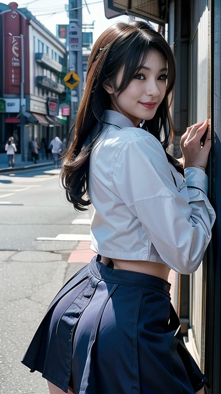 (facing back), ((Super close-up of buttocks)), ((panties focus)), ((shool uniform)), ((Dress tightly on your upper body)), ((The lower part of the body is bare)), ((white  panties)), Modern old cityscape,  (The FW), 1womanl, Solo, 24 year old, 7headed body, (cute  face), (Ideal ratio body proportions), Smiling smile, erectile nipple, Sexy body, Wet, short-hair, Dark hair, small tits, A slender, Small buttocks, beauty legs, Skinny Legs, surrealism, Cinematic lighting, depth of fields, One-person viewpoint, F/1.8, 135 mm, nffsw, masutepiece, ccurate, ((Anatomically correct)), Textured skin, Super Detail, high details, High quality, awardwinning, Best Quality, hight resolution, 8K