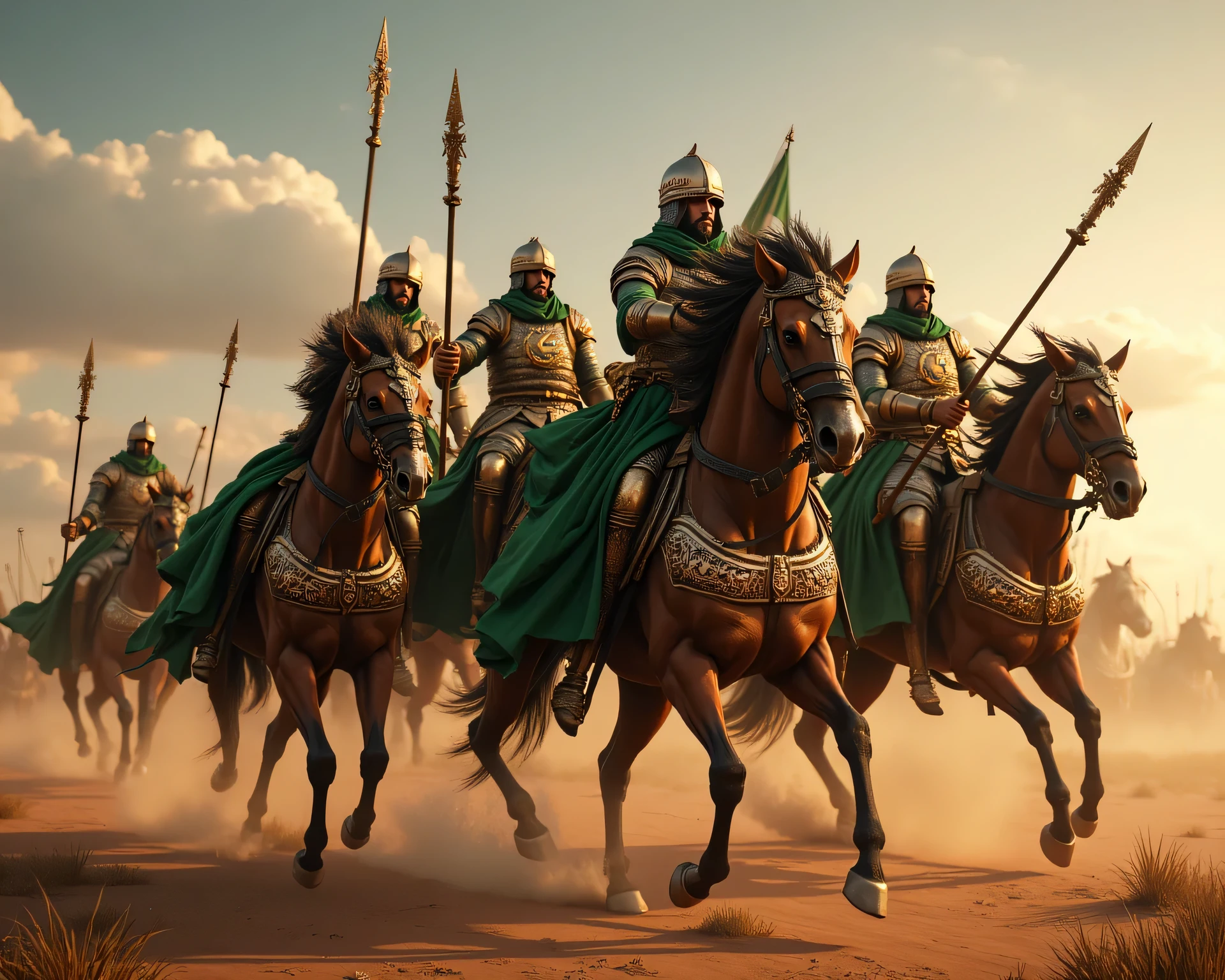 **Prompt:** Create an immersive hyper-realistic panoramic wide-angle image that draws viewers into the heart of medieval islamic arabic, emphasizing a carefully balanced composition. In the foreground, depict a courageous unit of arabic Mujahideen cavalry knights, each intricately designed and poised on their majestic horses, embodying the spirit of brotherhood. Clad in authentic, gleaming armor, these gallant knights wear chainmail and their signature green robes, adorned with striking crescent symbols that shimmer in the soft glow of dusk. As they charge forward, each knight wields a lance spear in one hand while holding a sphere shield in the other, demonstrating their readiness for the challenges ahead. Focus on the minute details of their armor and the flowing fabric of their robes, while capturing the advanced UHD ambiance that brings the scene's light and shadow to life. The image should convey a palpable sense of urgency and anticipation, accentuating the powerful movement of the cavalry. Pay particular attention to the fine details of their hands, ensuring the realism of their grip on their weapons is striking. Aim to achieve a standard reminiscent of award-winning documentary photography, similar to the works featured in National Geographic, ArtStation, and DeviantArt. This artwork should resonate with historical accuracy, celebrating the enduring essence of the medieval era without any elements of violence or negativity. ALLAHUAKBAR!