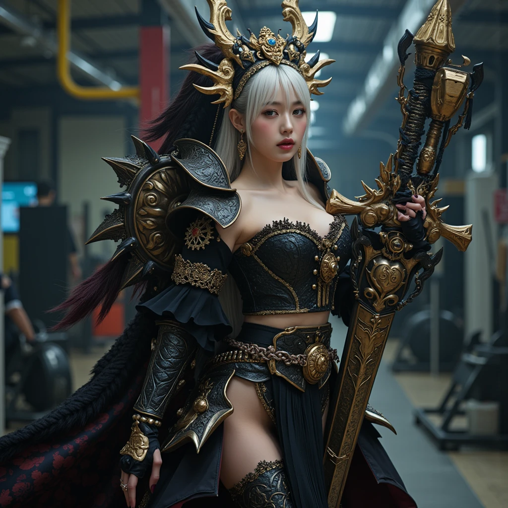 (masutepiece), Professional , ​masterpiece、top-quality、photos realistic , depth of fields 、（Dragon Black Metal Body:1.９),(Matte Blue Black、（cleavage of the breast）、Dragon Gold Weapon（Dragon Metal Body:1.４),Gorgeous gold weapons ,（（ Dragon's dense and gorgeous sword）） , （demonic wings）   ,warhammer 40k , adepta sororitas,Detail and gorgeous crown、（（a blond））、（Castle background）、（（Gangle's forest background））、Beautiful Caucasian beauty、１a person、dynamic ungle,(((Detailed and ornate dragon helmet)))、Smaller head、A smile、Castle background、Thin and beautiful female hands、cleavage of the breast、Soldier in iron armor on background、Mystical expression、Light Effects、intense fighting、Wind-effect、magic circles、With the legendary magic wand、Dragon's tail、