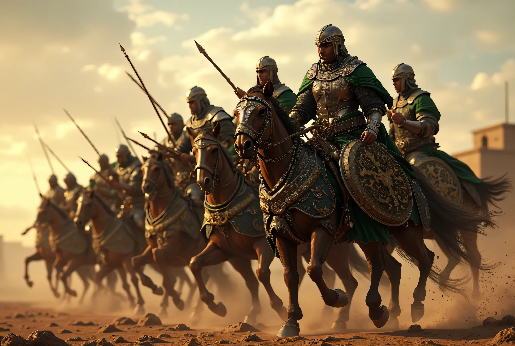 **Prompt:** Create an immersive hyper-realistic panoramic wide-angle image that draws viewers into the heart of medieval islamic arabic, emphasizing a carefully balanced composition. In the foreground, depict a courageous unit of arabic Mujahideen cavalry knights, each intricately designed and poised on their majestic horses, embodying the spirit of brotherhood. Clad in authentic, gleaming armor, these gallant knights wear chainmail and their signature green robes, adorned with striking crescent symbols that shimmer in the soft glow of dusk. As they charge forward, each knight wields a lance spear in one hand while holding a sphere shield in the other, demonstrating their readiness for the challenges ahead. Focus on the minute details of their armor and the flowing fabric of their robes, while capturing the advanced UHD ambiance that brings the scene's light and shadow to life. The image should convey a palpable sense of urgency and anticipation, accentuating the powerful movement of the cavalry. Pay particular attention to the fine details of their hands, ensuring the realism of their grip on their weapons is striking. Aim to achieve a standard reminiscent of award-winning documentary photography, similar to the works featured in National Geographic, ArtStation, and DeviantArt. This artwork should resonate with historical accuracy, celebrating the enduring essence of the medieval era without any elements of violence or negativity. ALLAHUAKBAR!