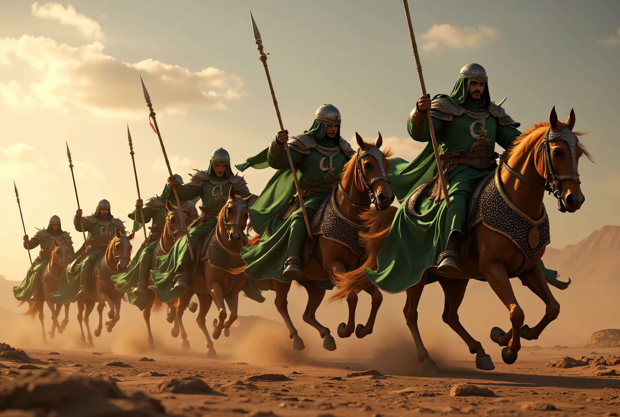 **Prompt:** Create an immersive hyper-realistic panoramic wide-angle image that draws viewers into the heart of medieval islamic arabic, emphasizing a carefully balanced composition. In the foreground, depict a courageous unit of arabic Mujahideen cavalry knights, each intricately designed and poised on their majestic horses, embodying the spirit of brotherhood. Clad in authentic, gleaming armor, these gallant knights wear chainmail and their signature green robes, adorned with striking crescent symbols that shimmer in the soft glow of dusk. As they charge forward, each knight wields a lance spear in one hand while holding a sphere shield in the other, demonstrating their readiness for the challenges ahead. Focus on the minute details of their armor and the flowing fabric of their robes, while capturing the advanced UHD ambiance that brings the scene's light and shadow to life. The image should convey a palpable sense of urgency and anticipation, accentuating the powerful movement of the cavalry. Pay particular attention to the fine details of their hands, ensuring the realism of their grip on their weapons is striking. Aim to achieve a standard reminiscent of award-winning documentary photography, similar to the works featured in National Geographic, ArtStation, and DeviantArt. This artwork should resonate with historical accuracy, celebrating the enduring essence of the medieval era without any elements of violence or negativity. ALLAHUAKBAR!