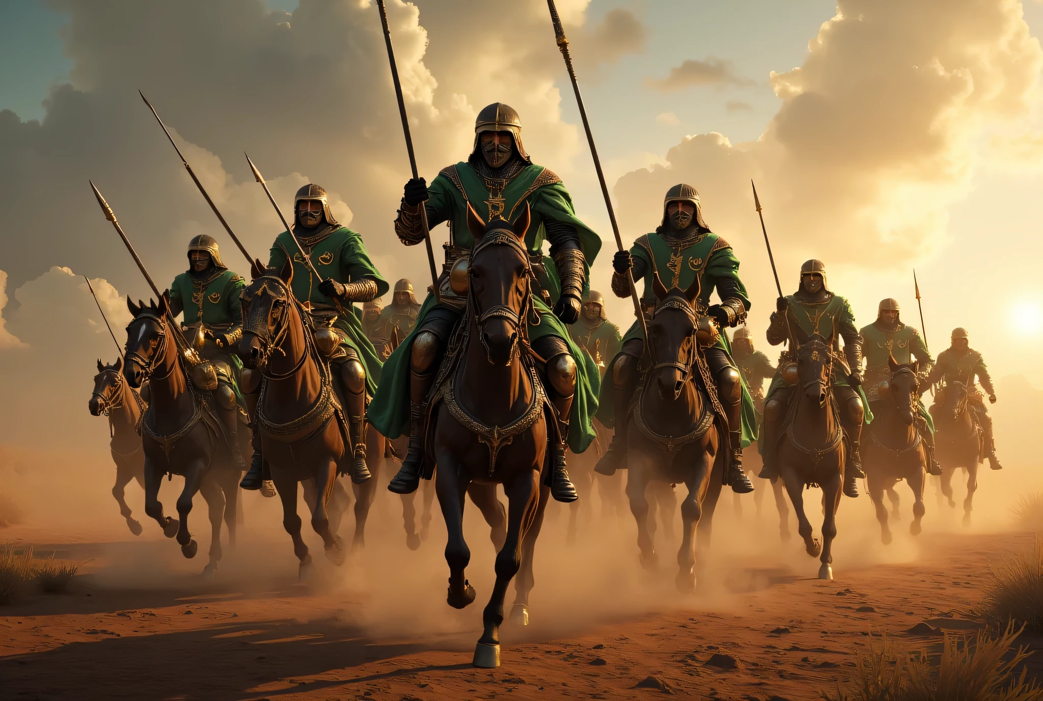 **Prompt:** Create an immersive hyper-realistic panoramic wide-angle image that draws viewers into the heart of medieval islamic arabic, emphasizing a carefully balanced composition. In the foreground, depict a courageous unit of arabic Mujahideen cavalry knights, each intricately designed and poised on their majestic horses, embodying the spirit of brotherhood. Clad in authentic, gleaming armor, these gallant knights wear chainmail and their signature green robes, adorned with striking crescent symbols that shimmer in the soft glow of dusk. As they charge forward, each knight wields a lance spear in one hand while holding a sphere shield in the other, demonstrating their readiness for the challenges ahead. Focus on the minute details of their armor and the flowing fabric of their robes, while capturing the advanced UHD ambiance that brings the scene's light and shadow to life. The image should convey a palpable sense of urgency and anticipation, accentuating the powerful movement of the cavalry. Pay particular attention to the fine details of their hands, ensuring the realism of their grip on their weapons is striking. Aim to achieve a standard reminiscent of award-winning documentary photography, similar to the works featured in National Geographic, ArtStation, and DeviantArt. This artwork should resonate with historical accuracy, celebrating the enduring essence of the medieval era without any elements of violence or negativity. ALLAHUAKBAR!